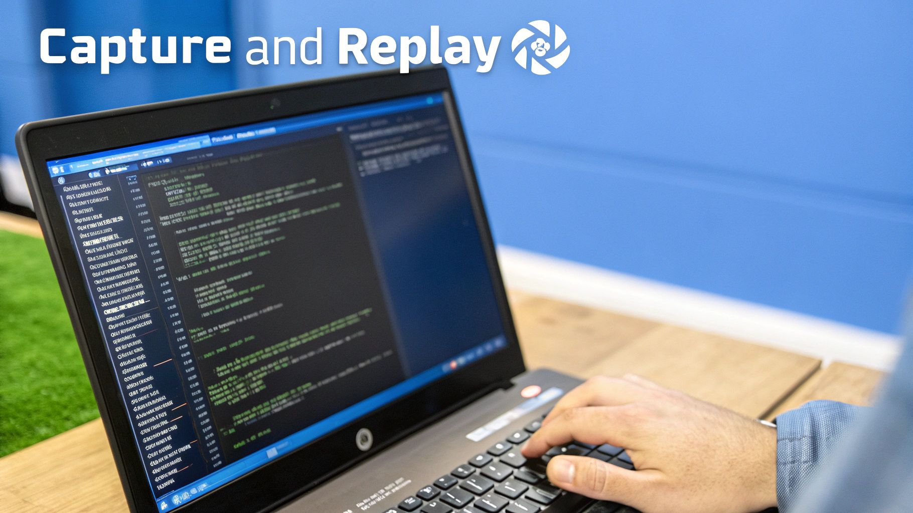 A person types on a laptop displaying code, with 'Capture and Replay' text and a logo.