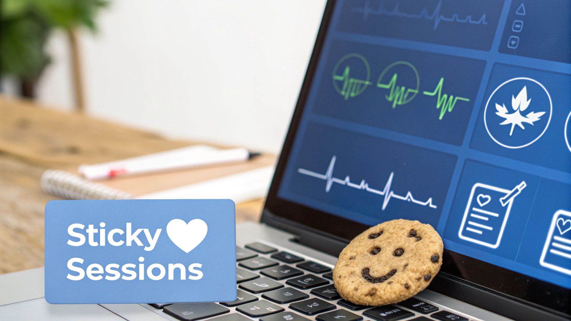A laptop displaying heartbeat graphs and icons, a 'Sticky Sessions' sign, and a smiling cookie on the keyboard.