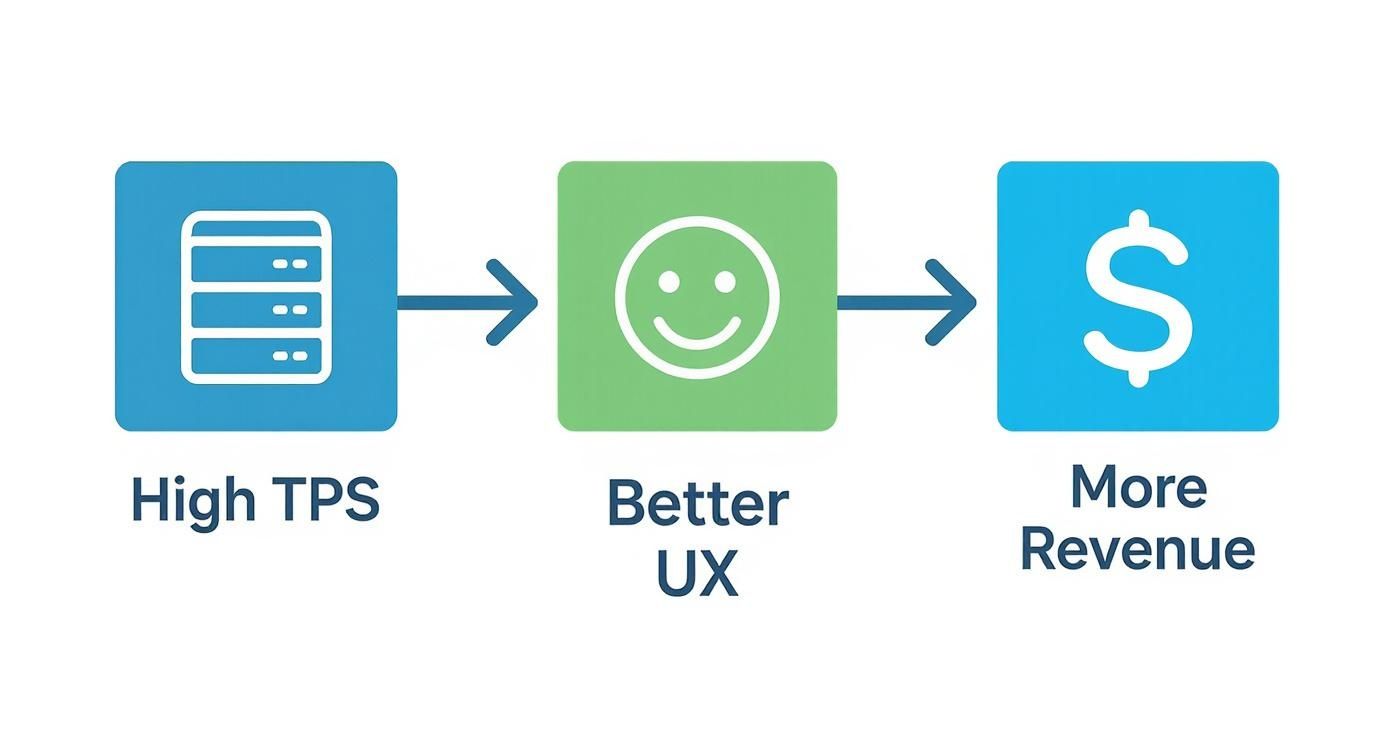 Infographic showing high transactions per second (TPS) leads to better user experience (UX) and more revenue.