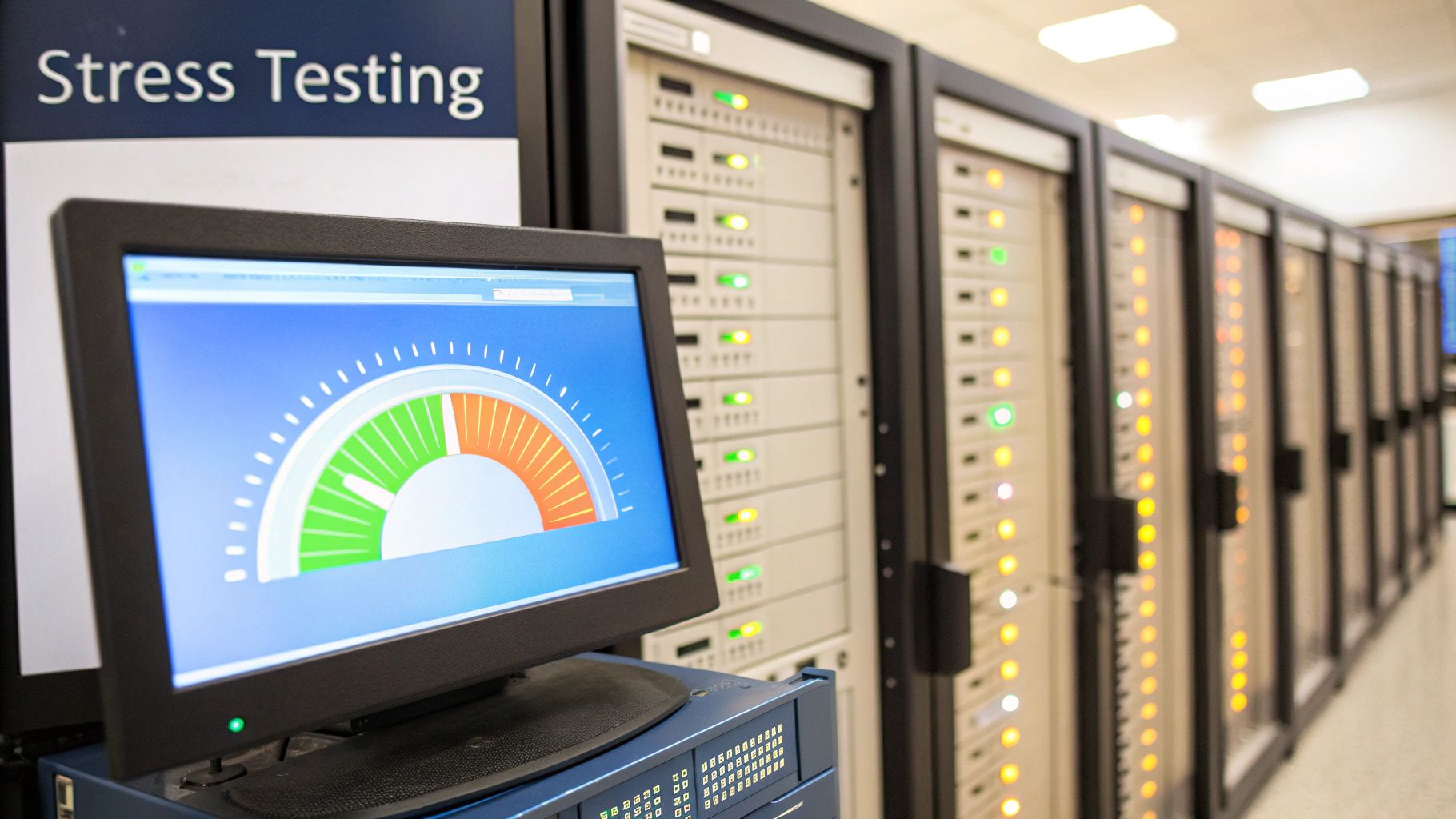 A computer monitor displays a stress test gauge in a server room with numerous server racks.