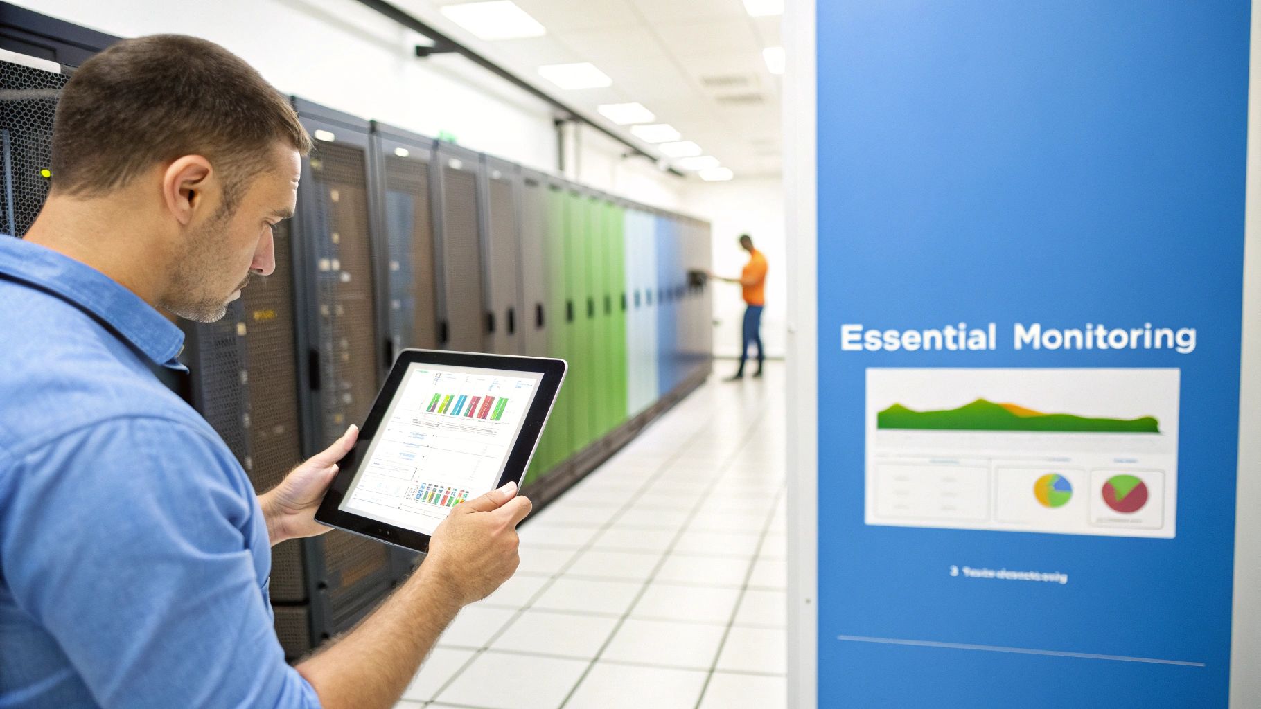 A network operations center with multiple screens displaying server performance data and world maps.