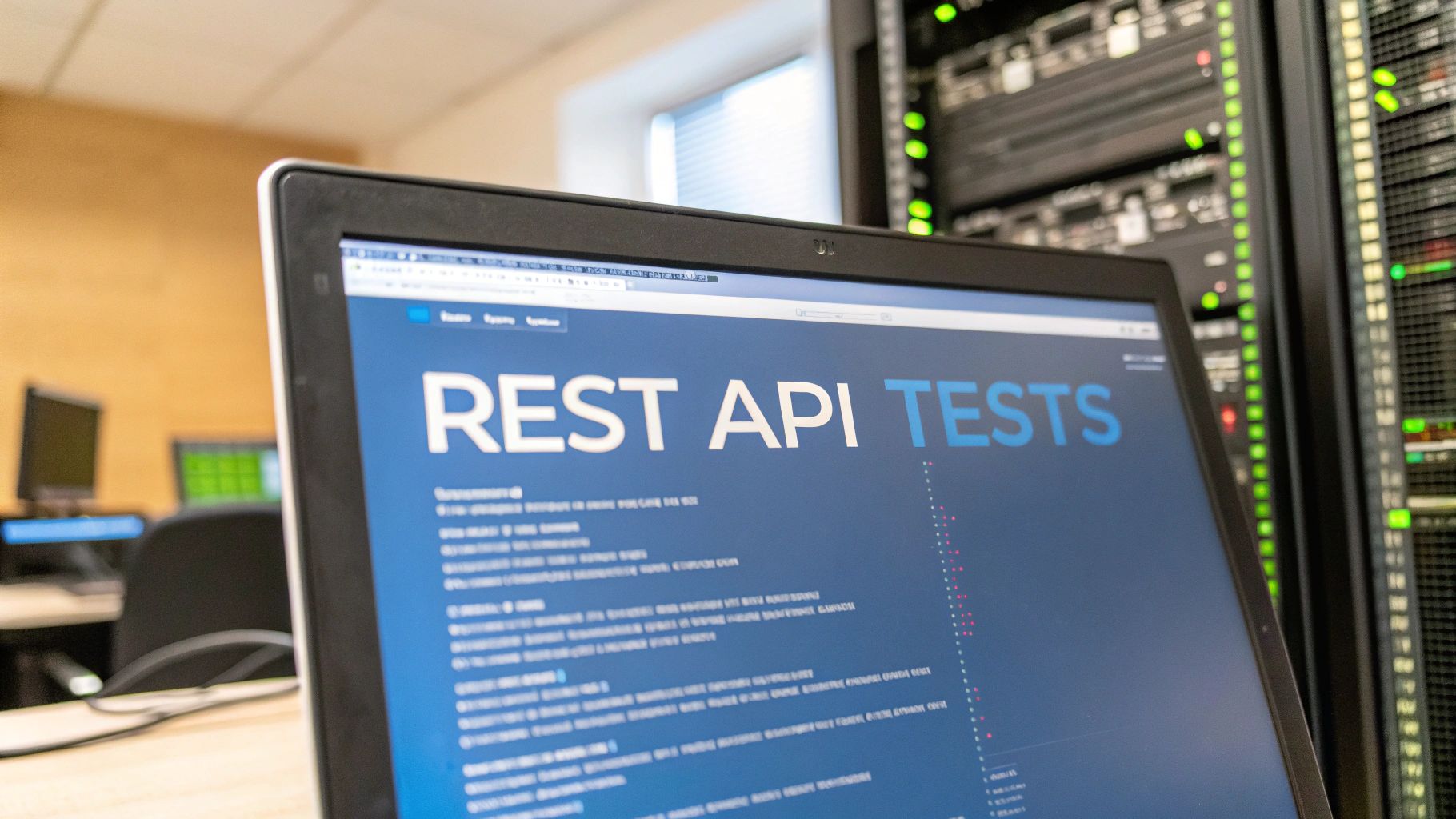 - A modern tech workspace with a blurred terminal window showing HTTP requests and a faint server rack in the background, featuring "REST API Tests" text centered on a solid background block in the golden ratio position