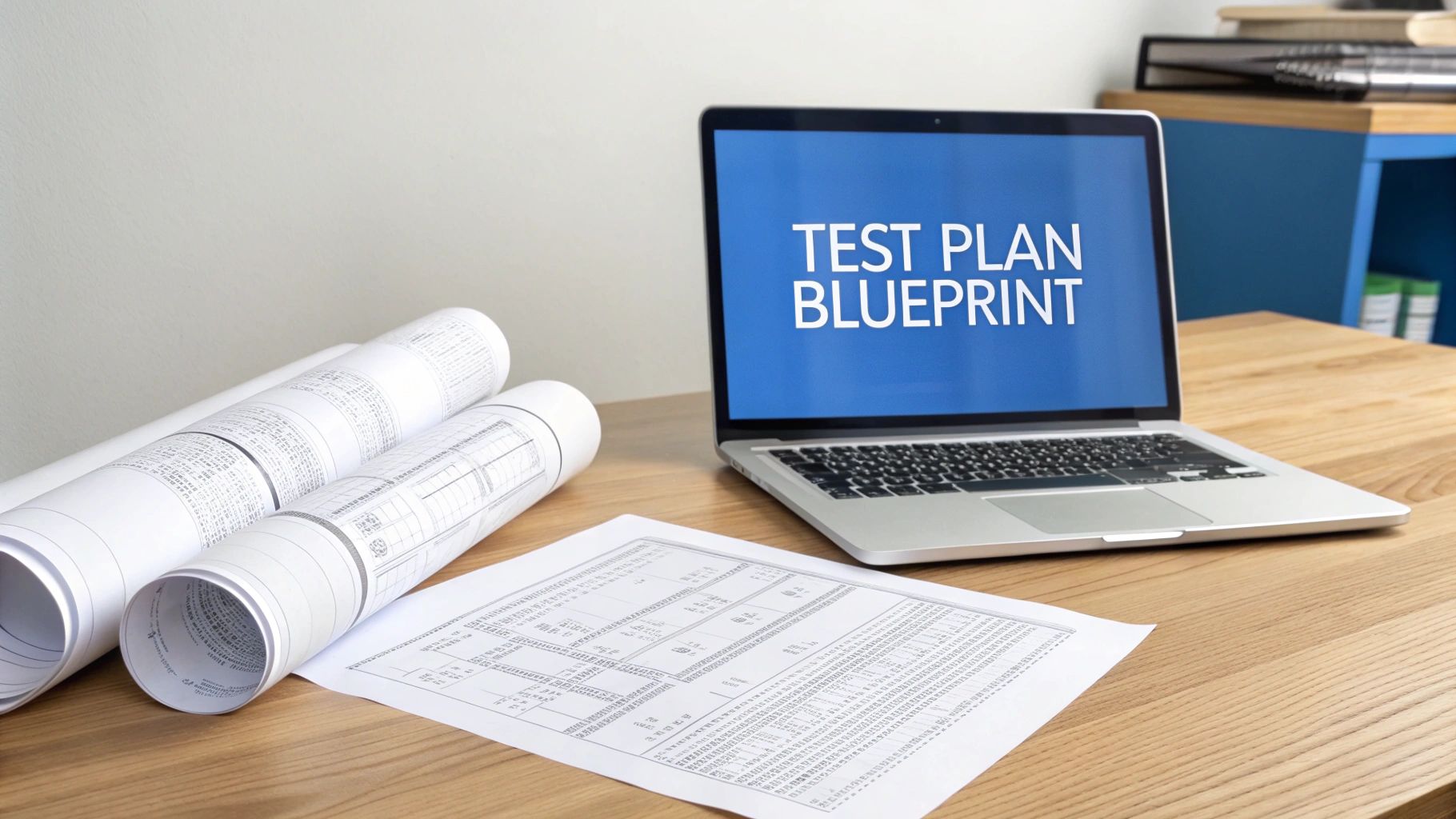 A laptop displaying 'TEST PLAN BLUEPRINT' sits on a wooden desk with rolled architectural plans and a document.