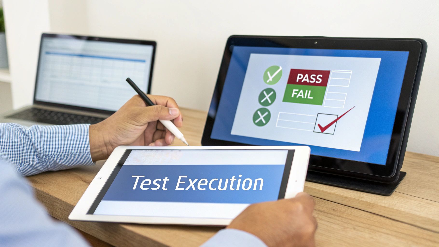 A dashboard showing various charts and metrics, representing the tracking of test execution results.