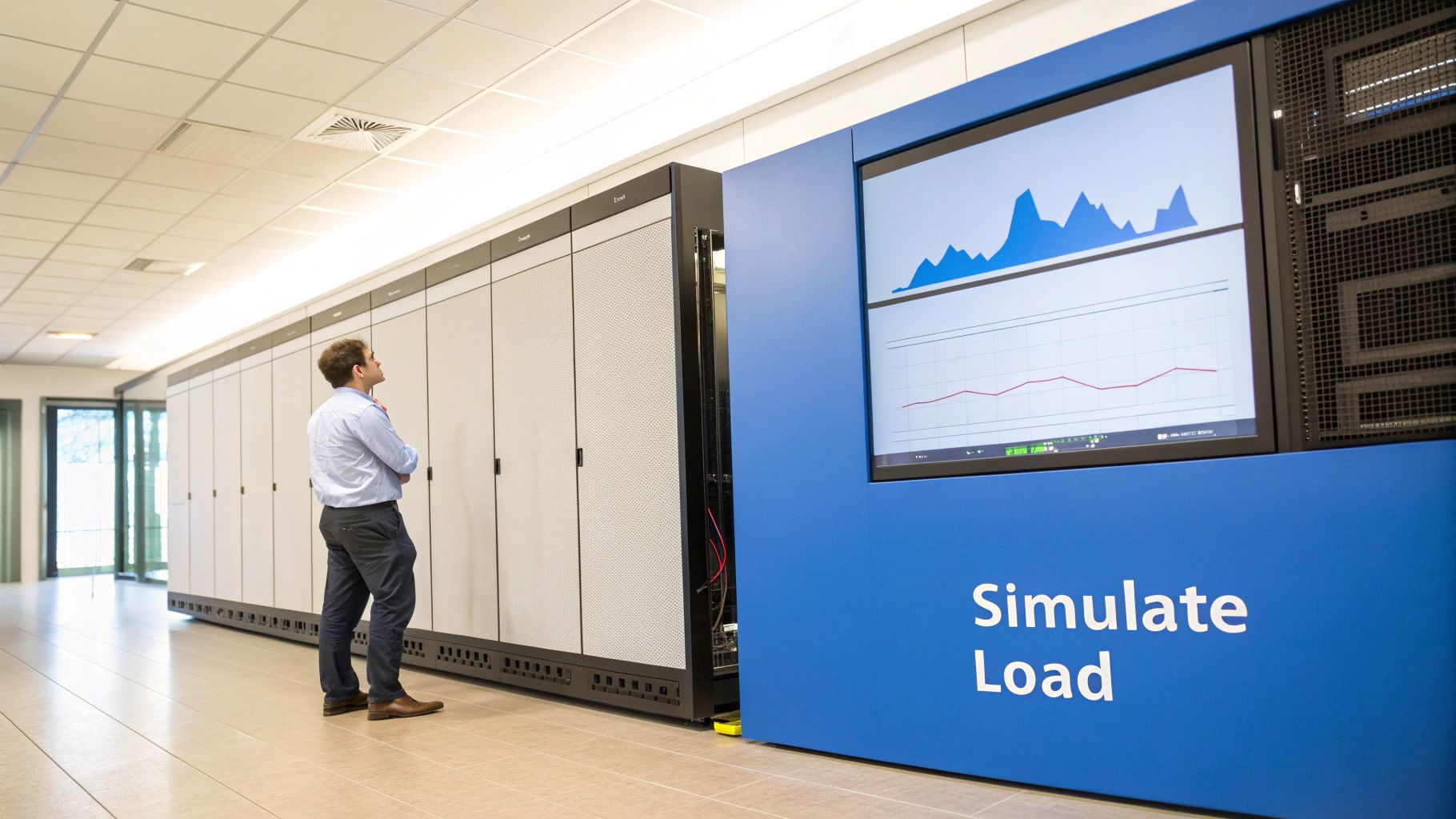 Man inspecting server racks in a data center with a 'Simulate Load' display screen.