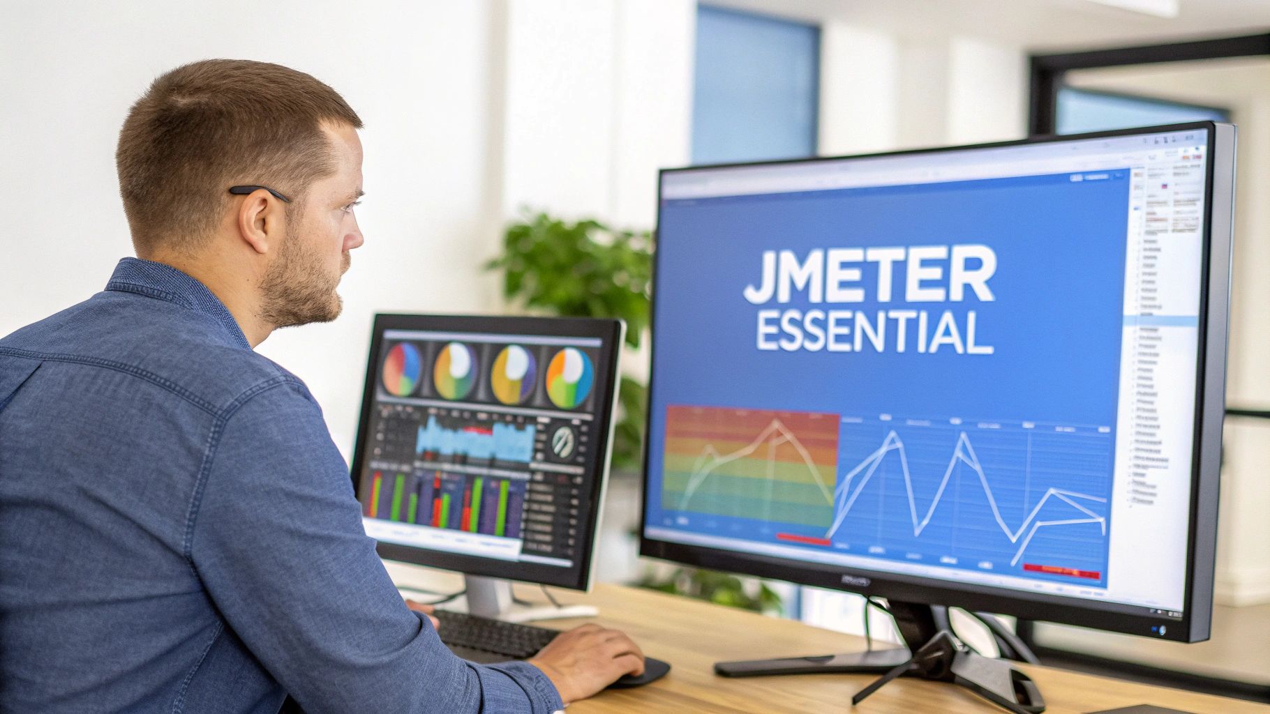 A man analyzing performance test results on two computer screens showing JMeter and graphs.