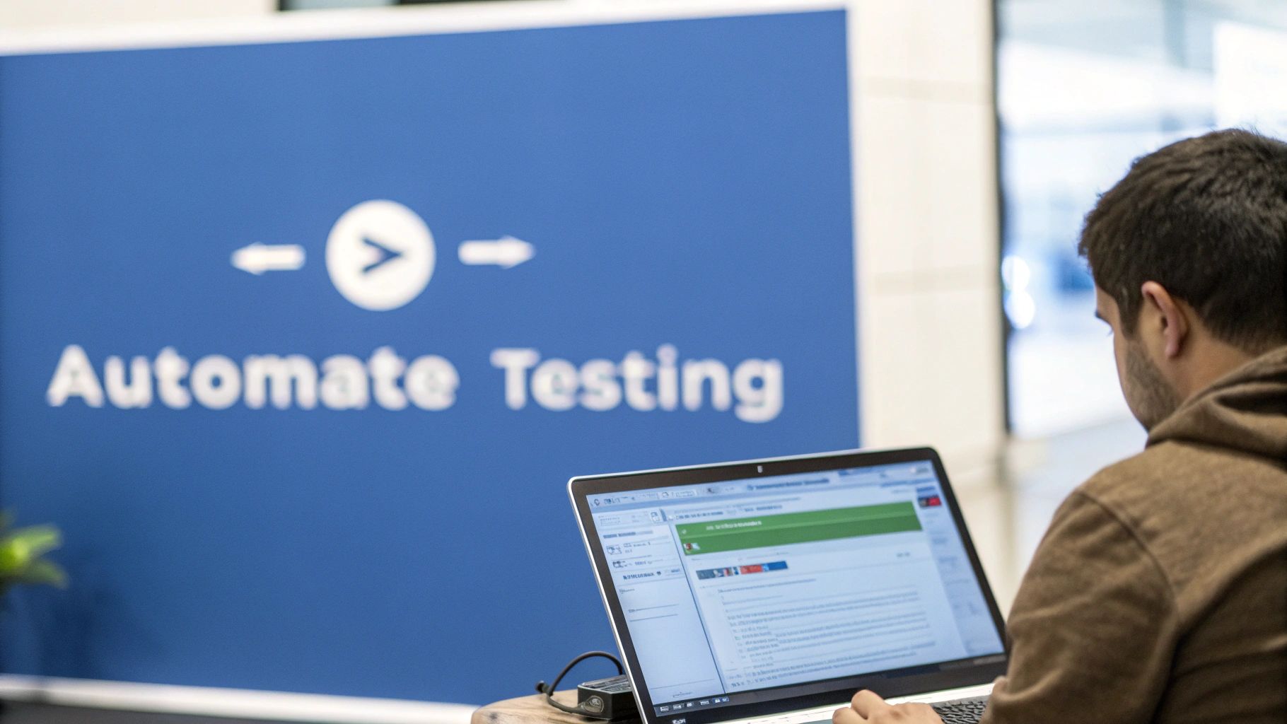 Software developer working on automated testing dashboard with laptop in modern office environment