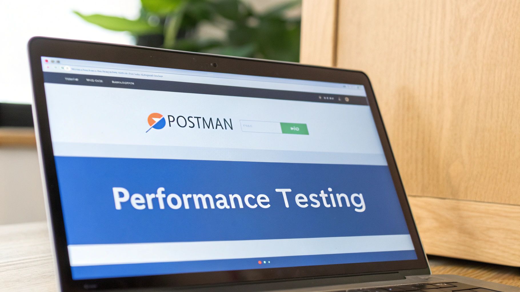 A developer working on a laptop with code on the screen, representing API performance testing