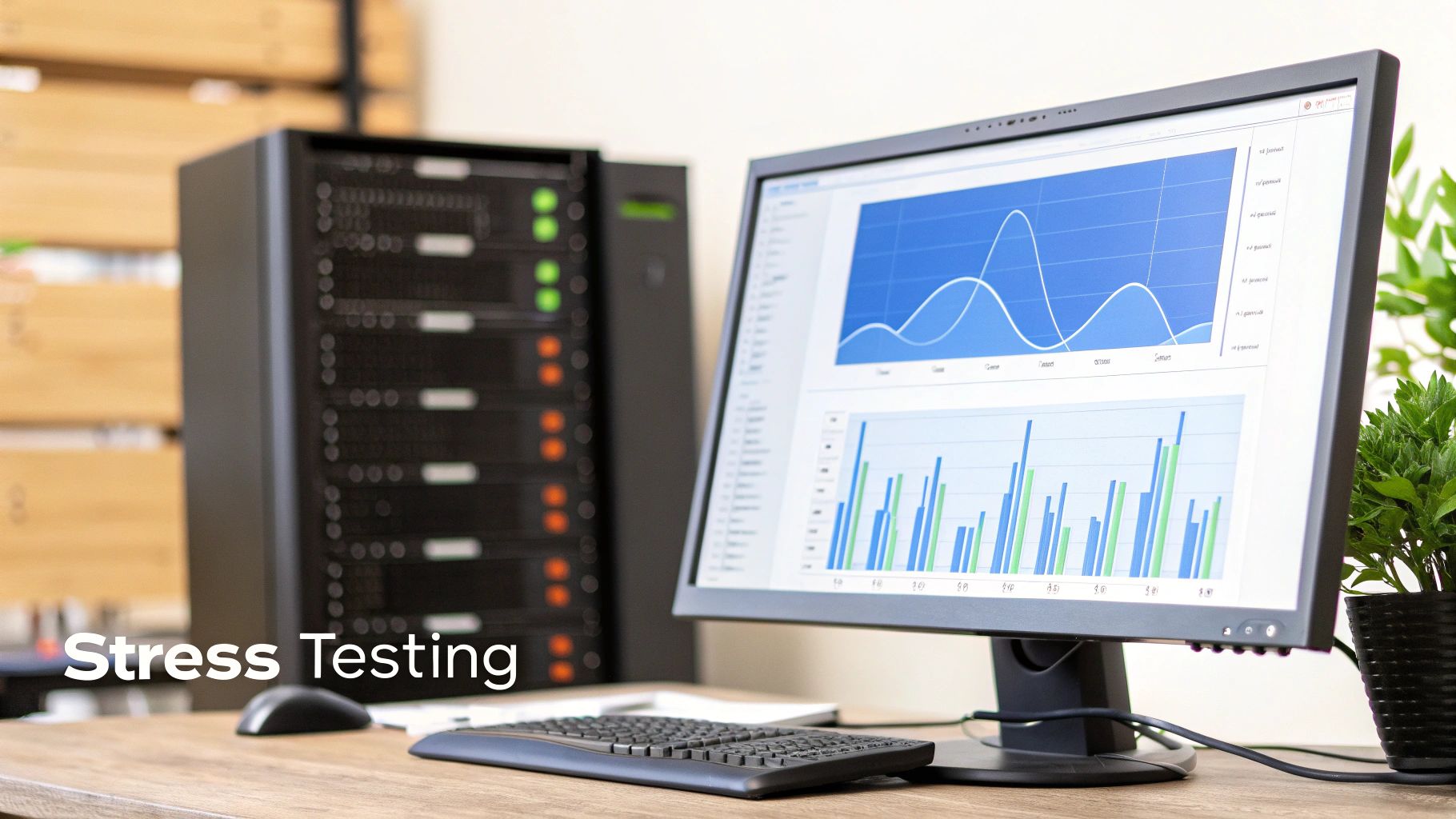 A server rack and a computer monitor displaying graphs and charts, representing stress testing.