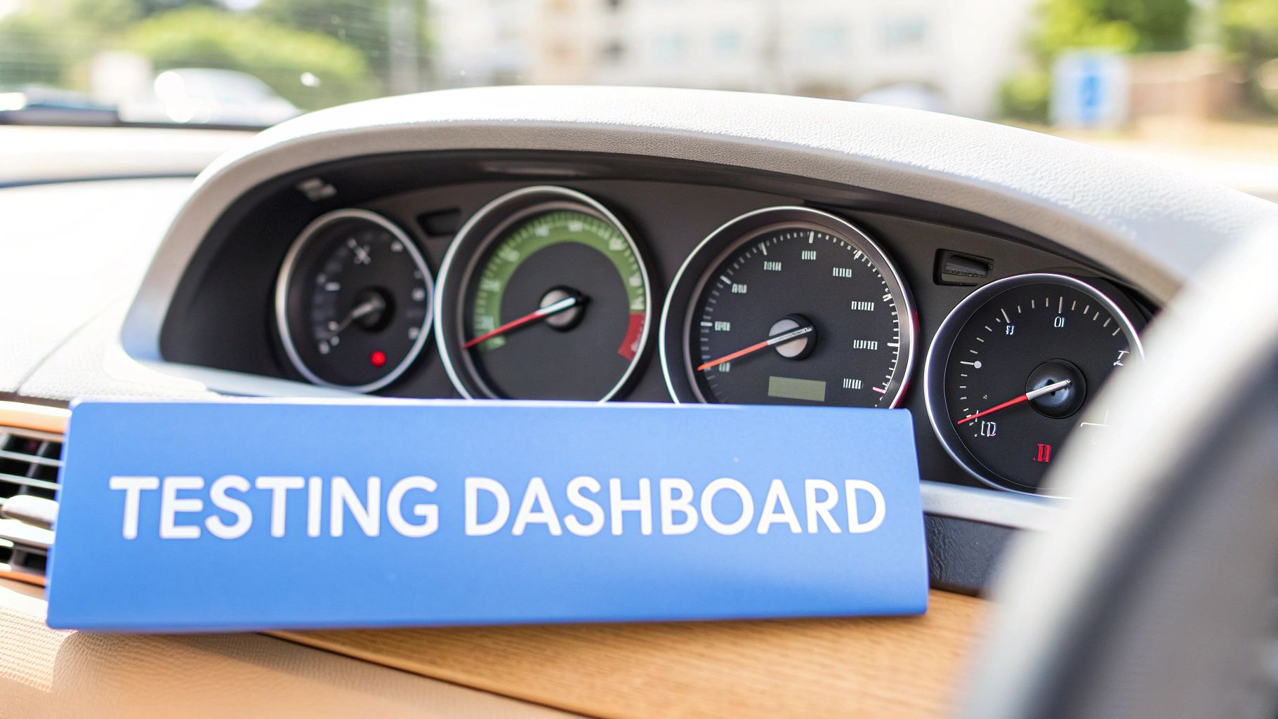 A close-up of a car dashboard with various gauges and a blue sign reading 'TESTING DASHBOARD'.