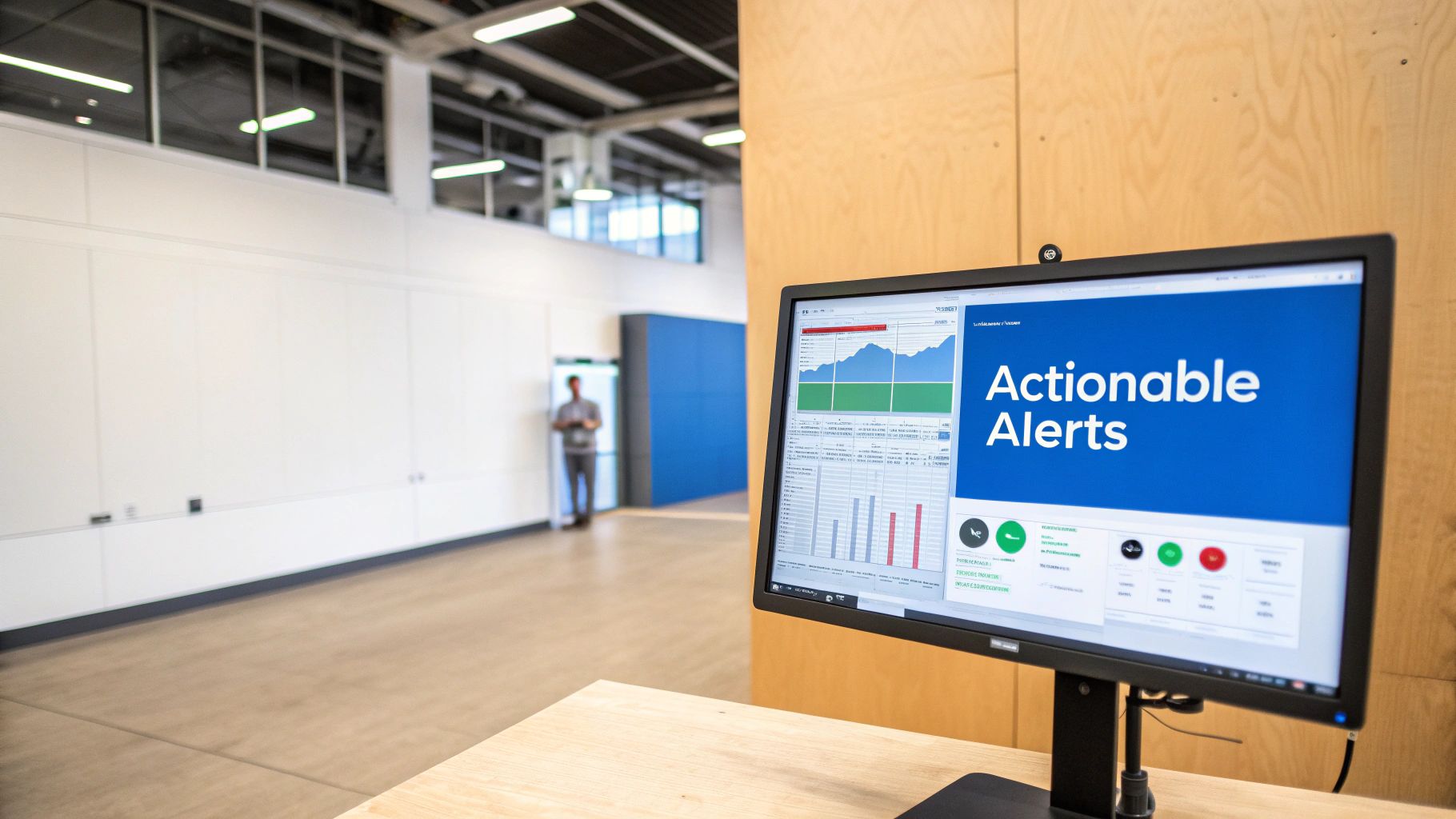 A person pointing at a large screen displaying complex data visualizations and charts.