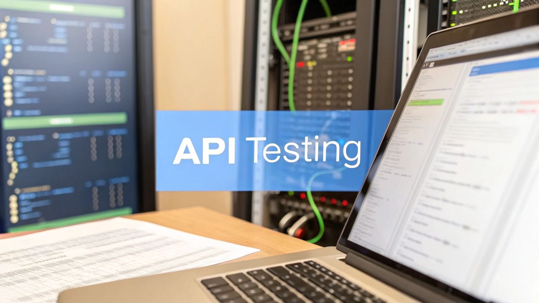 - A photo-realistic workspace scene with a blurred laptop displaying code and network flow diagrams in the background, subtle server rack silhouettes and performance graphs, featuring 'API Testing' text centered on a solid background block in golden ratio position, text crisp and highly legible, surrounding imagery muted to emphasize the text