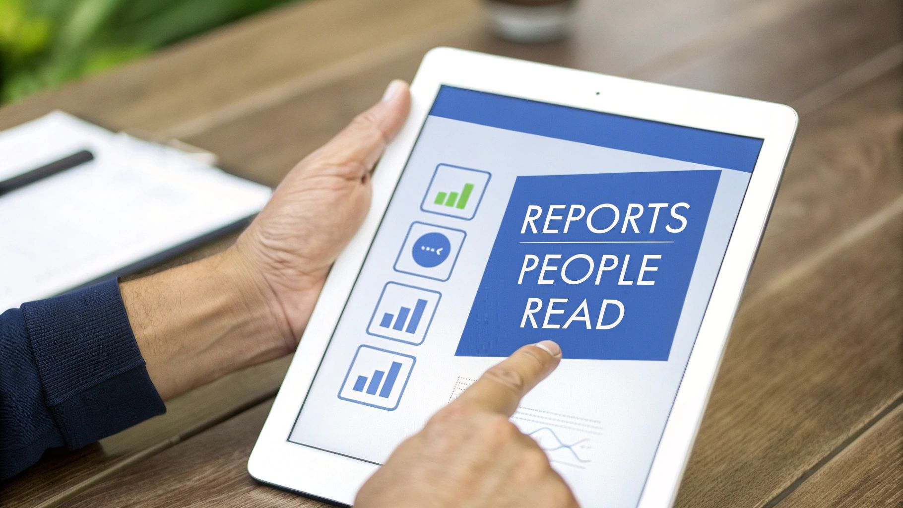 A person holds a tablet displaying 'Reports People Read' on the screen, with a finger touching it.