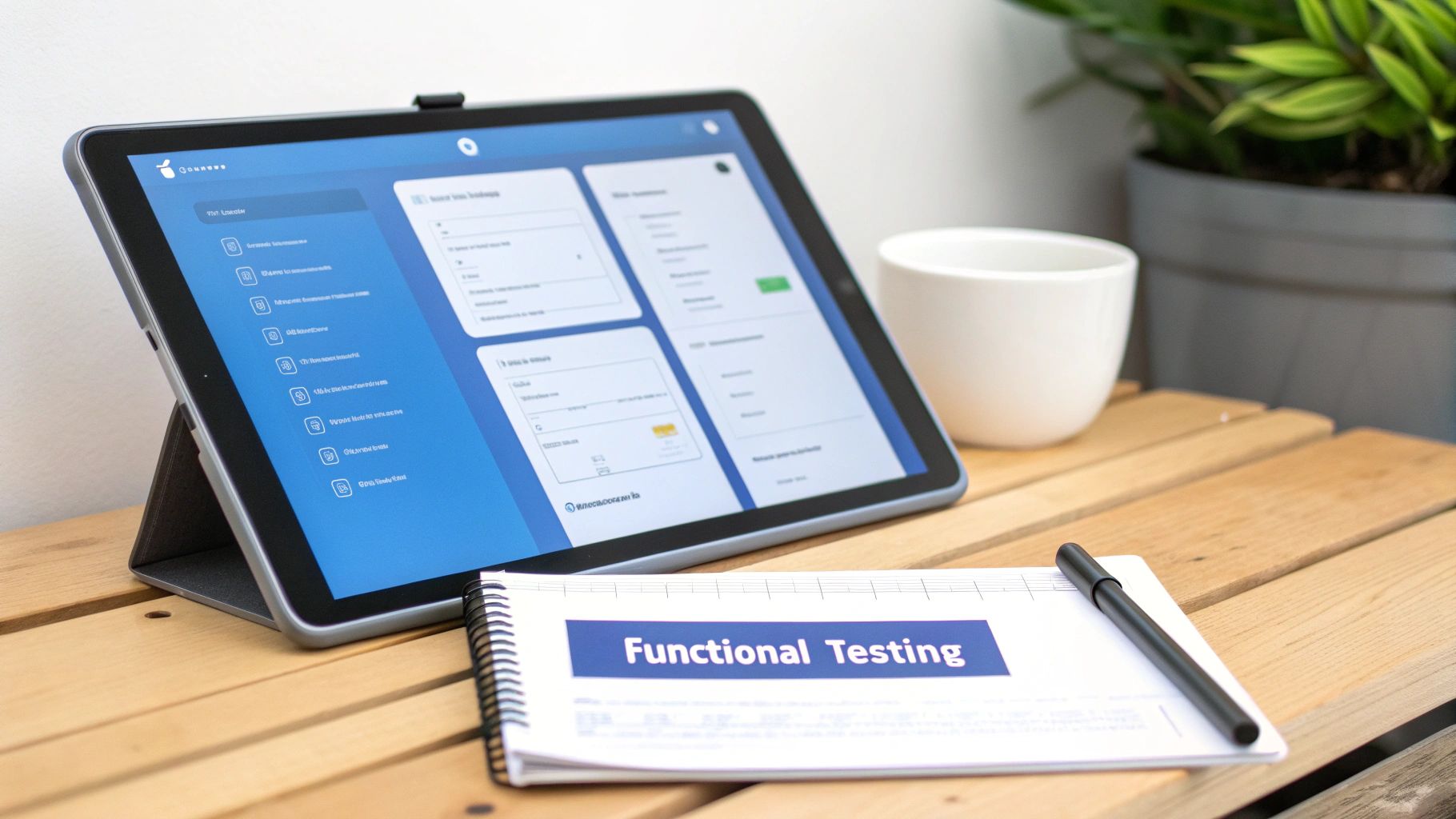 QA engineers collaborating around a screen showing application workflows, representing functional testing.
