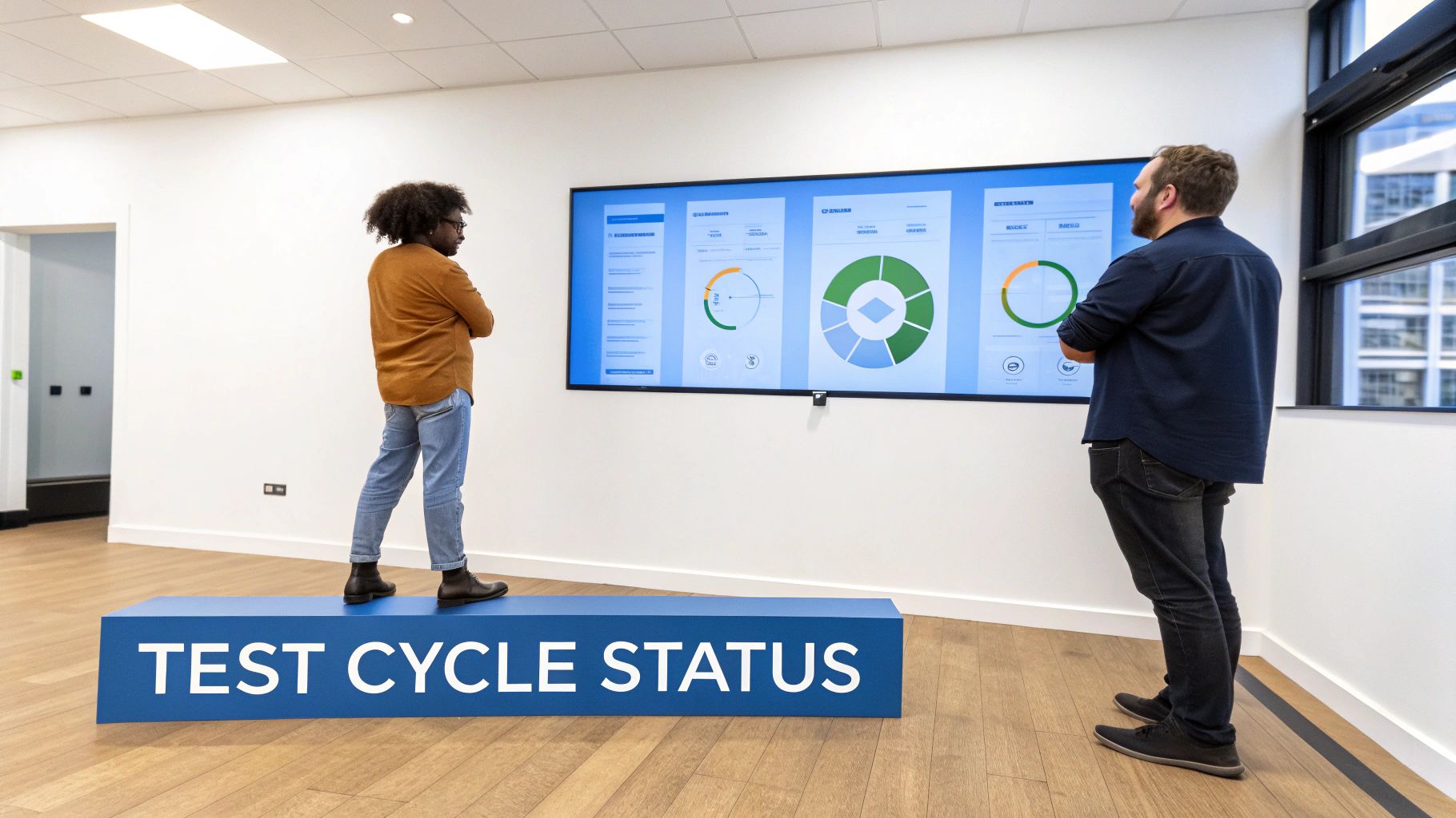 Two men standing and observing a large screen displaying various data dashboards and charts.