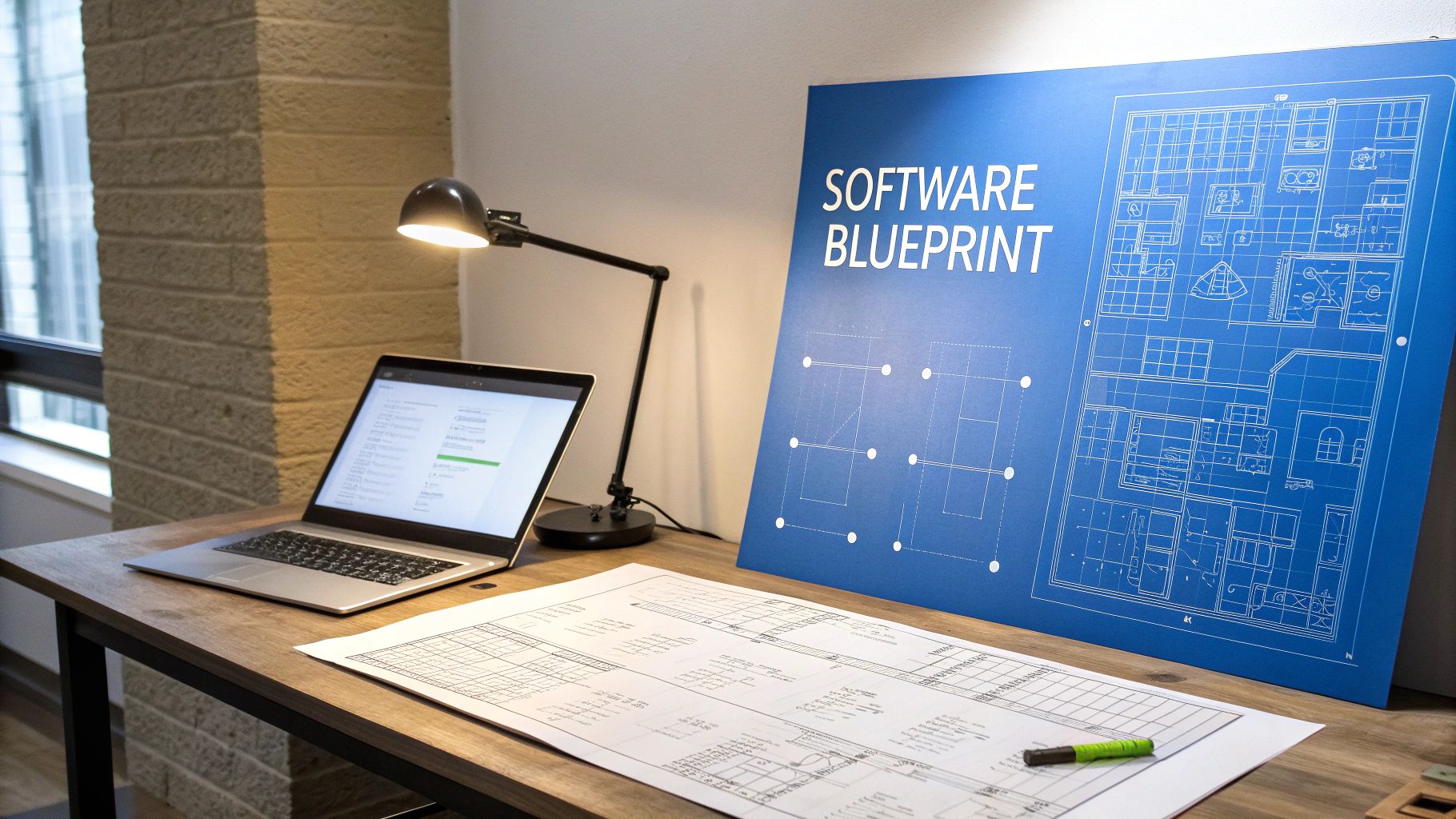 A detailed architectural blueprint for a building, symbolizing a software test plan
