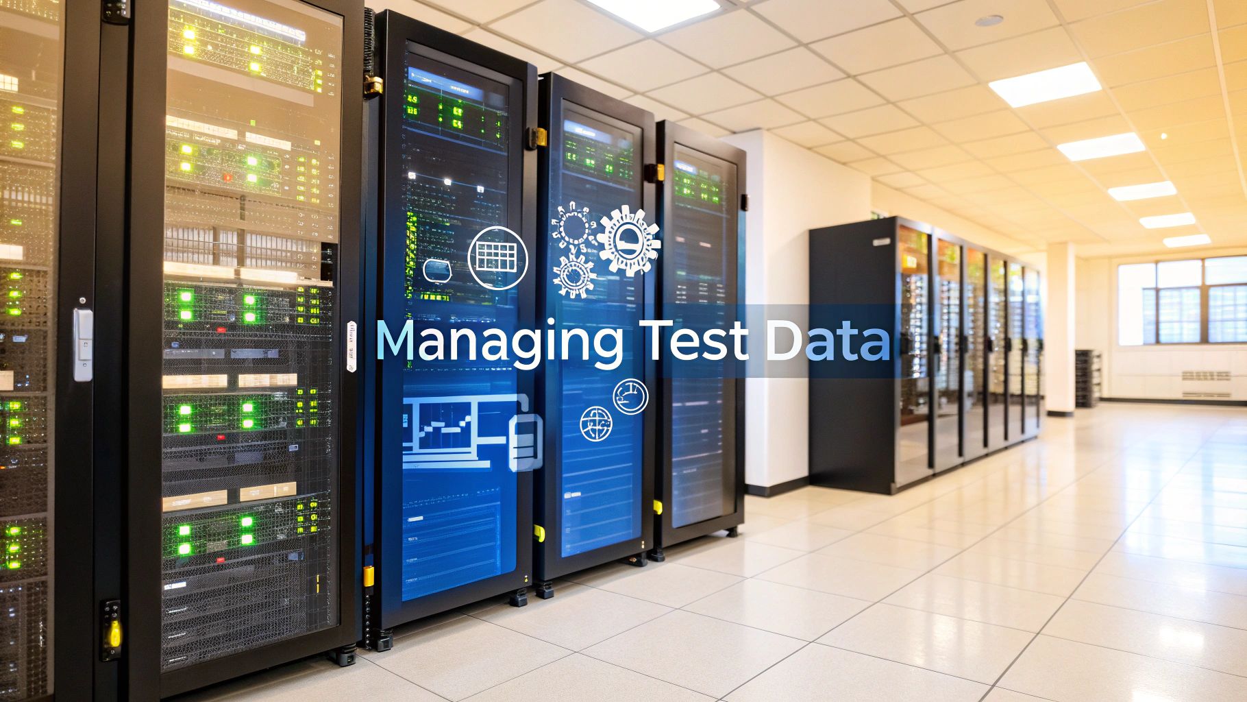 A photorealistic server room scene with sleek racks and softly lit ambient glow, transparent screens displaying sanitized datasets and workflow diagrams subtly in the background, with "Managing Test Data" text prominently centered on a solid background block in the golden ratio position, text sharp and high-contrast. Surrounding imagery of blurred database icons and streaming data pipelines enhances the theme, minimalistic composition, brand & text realism style.
