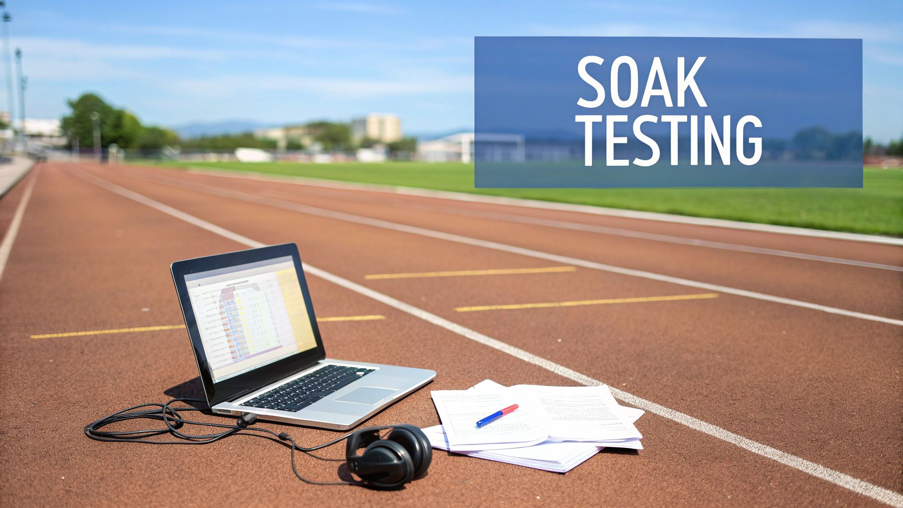 A laptop, headphones, and papers on a running track with a 'SOAK TESTING' banner above.