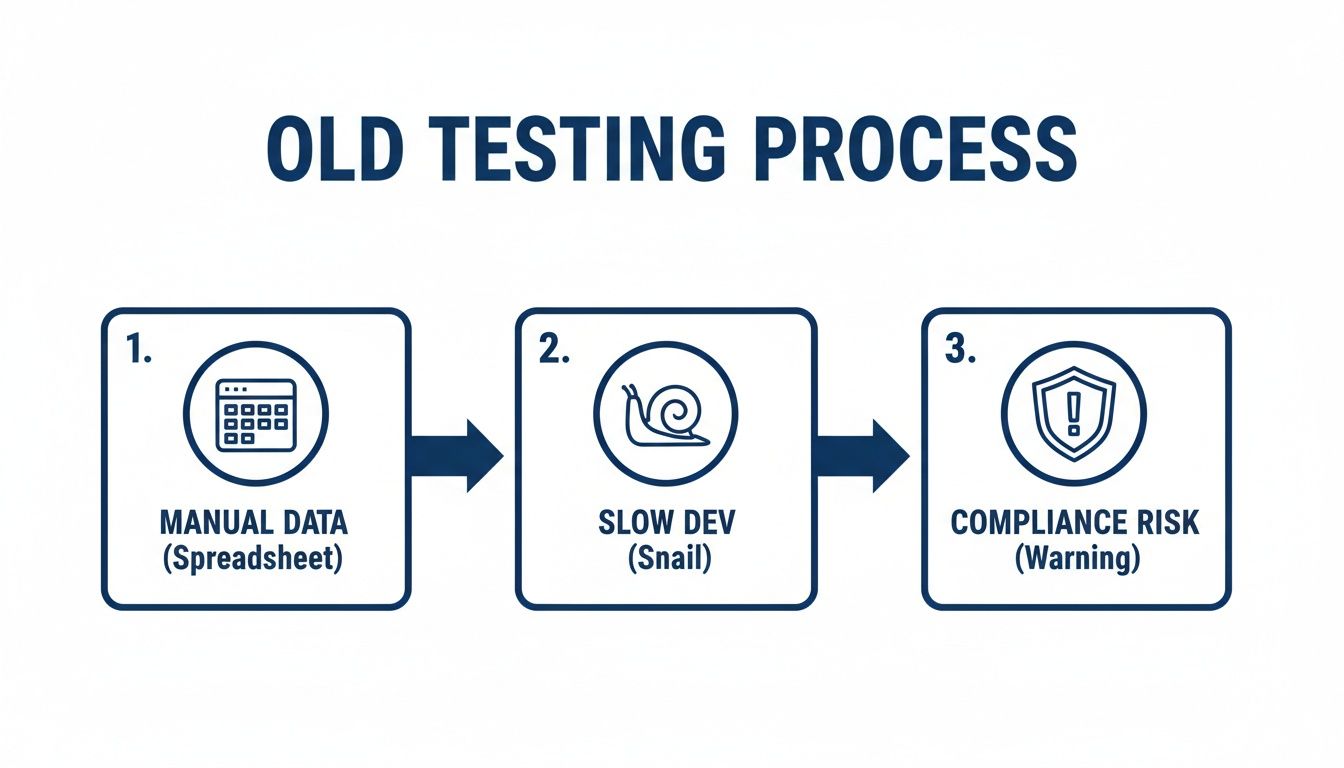 Diagram illustrating the old testing process, highlighting manual data, slow development, and compliance risk.