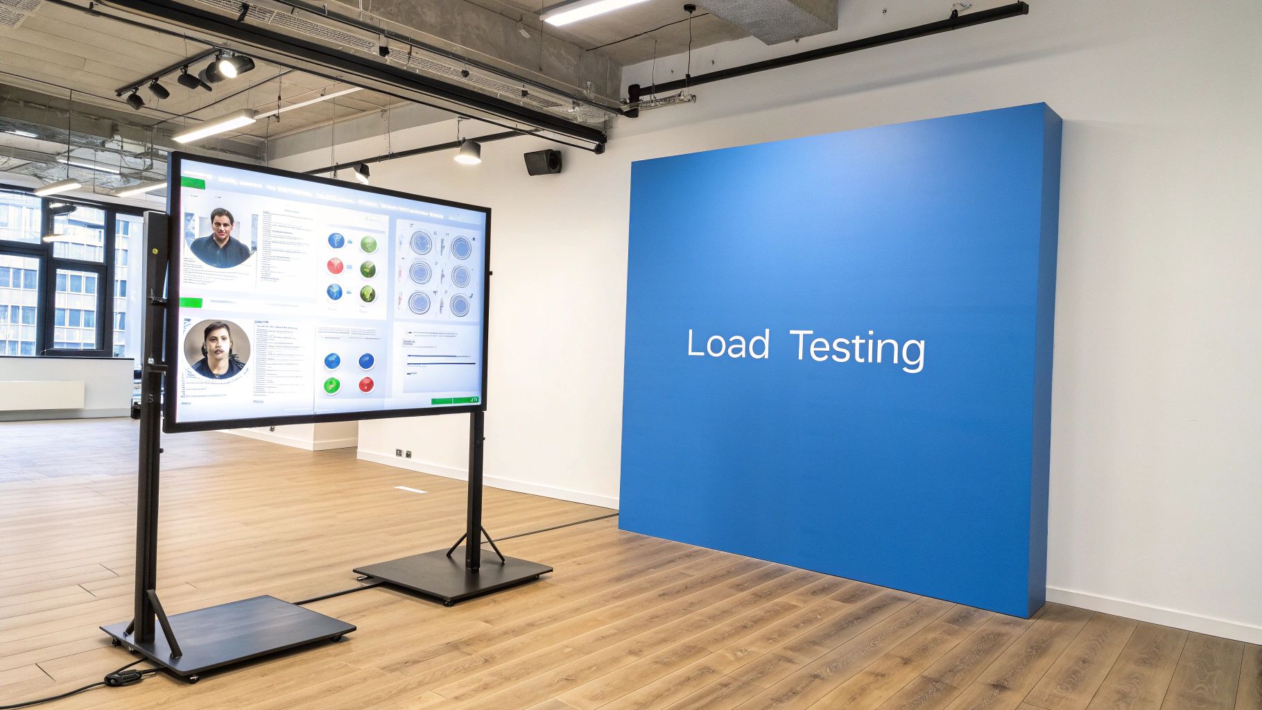 A modern office space with a blue wall displaying 'Load Testing' and a large screen showing performance data.