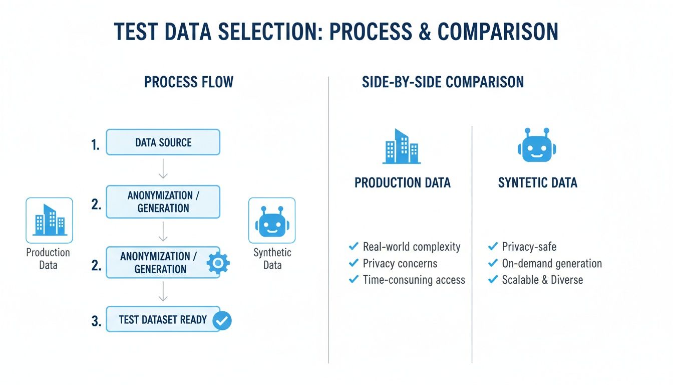 Flowchart illustrating test data selection process and comparison of production versus synthetic data.