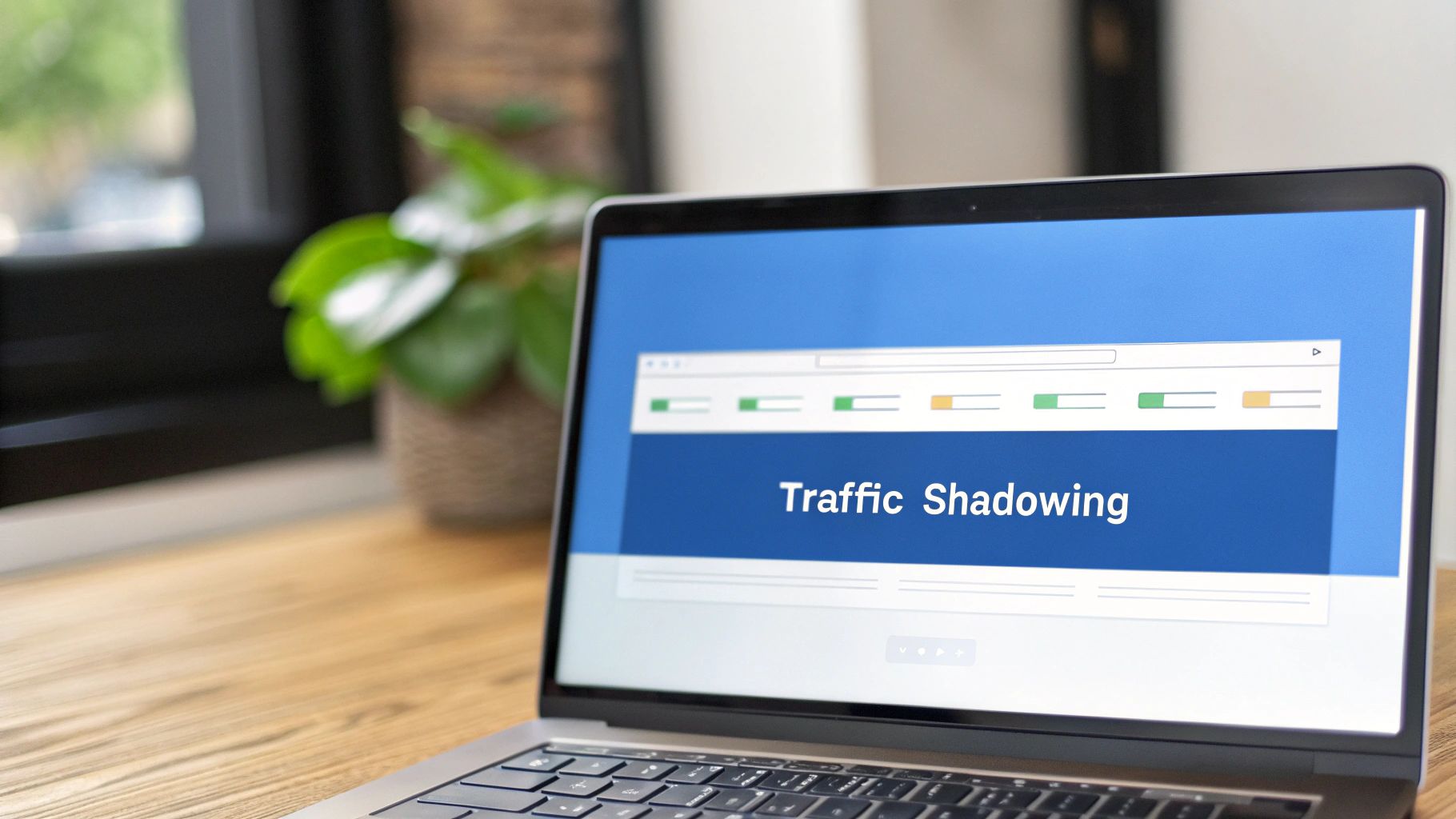 A laptop on a wooden desk displays 'Traffic Shadowing' text within a browser interface.