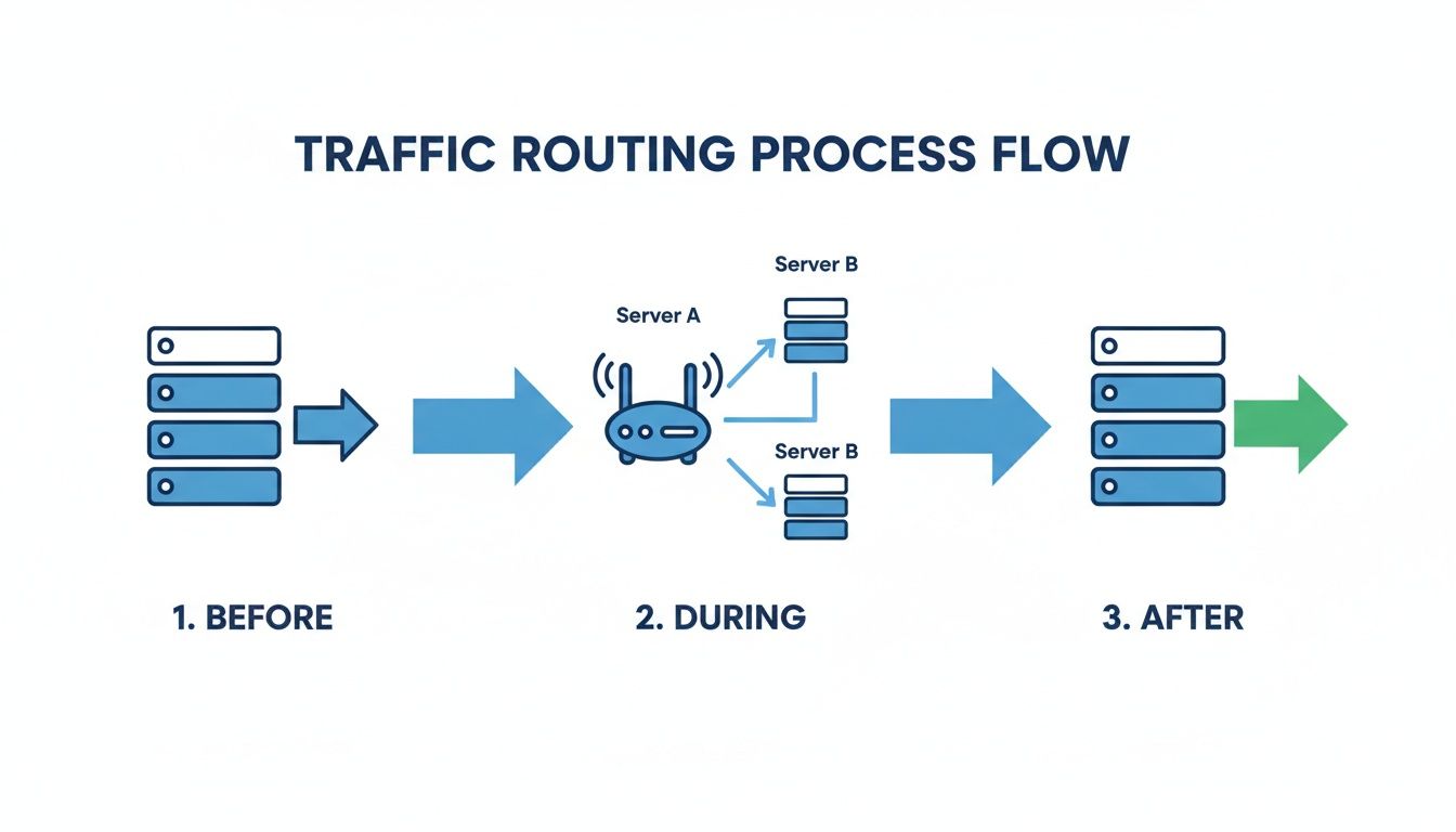 Flowchart showing data traffic routing from source servers through a router to multiple destination servers.