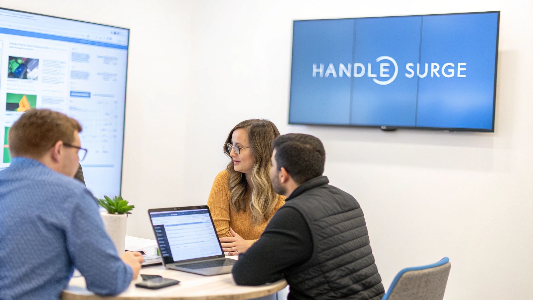 Three colleagues discuss work in a modern office with large display screens.