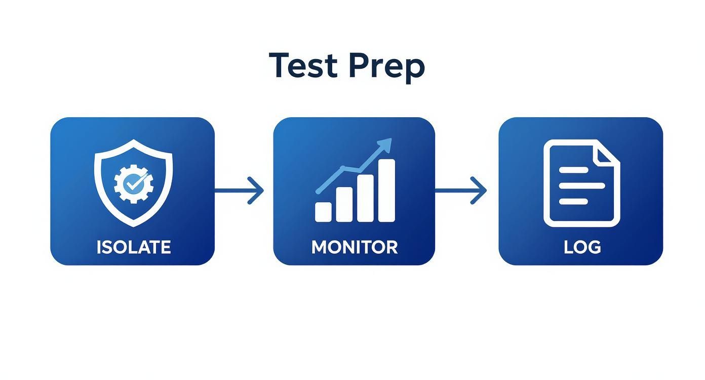 Test prep workflow diagram showing three stages: isolate with shield icon, monitor with growth chart, and log with document icon