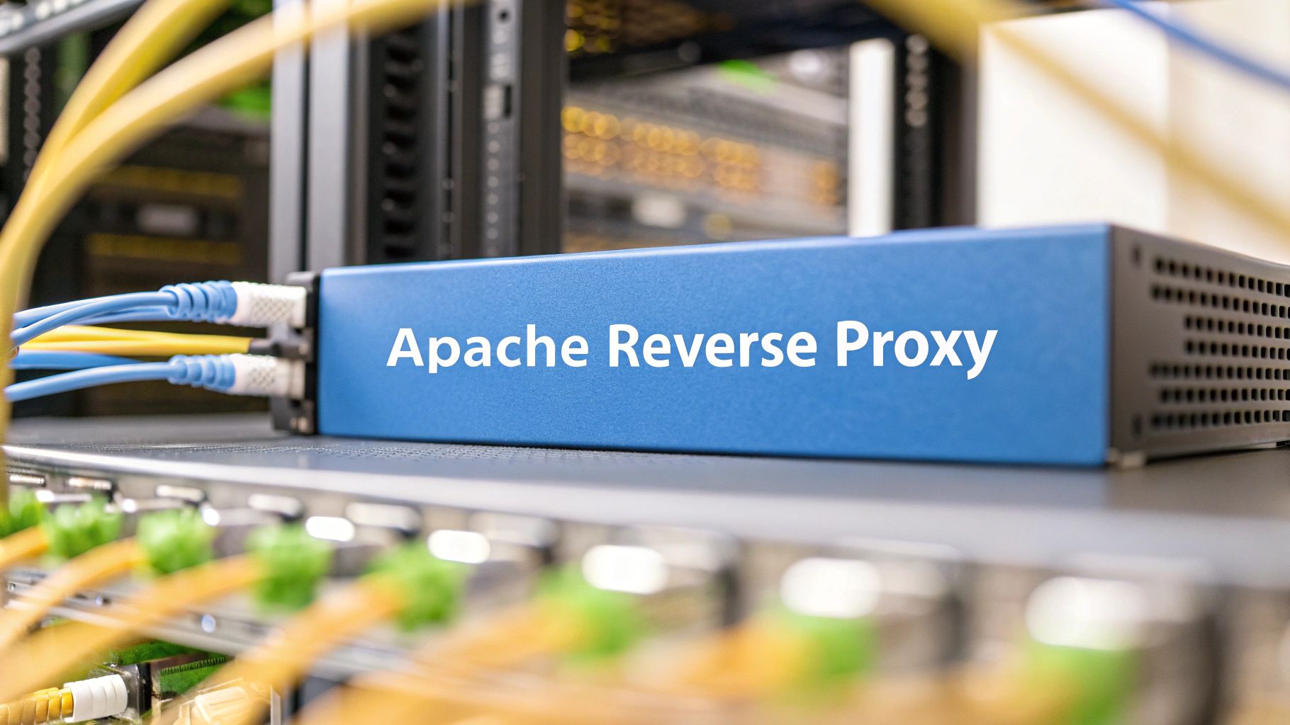 A photo-realistic server environment with blurred racks and network cables framing the scene, featuring 'Apache Reverse Proxy' text centered on a solid background block at the golden ratio position, with subtle reflections on metal surfaces and soft lighting that highlights the text, the surrounding hardware slightly desaturated to keep focus on the sharp, high-contrast text block
