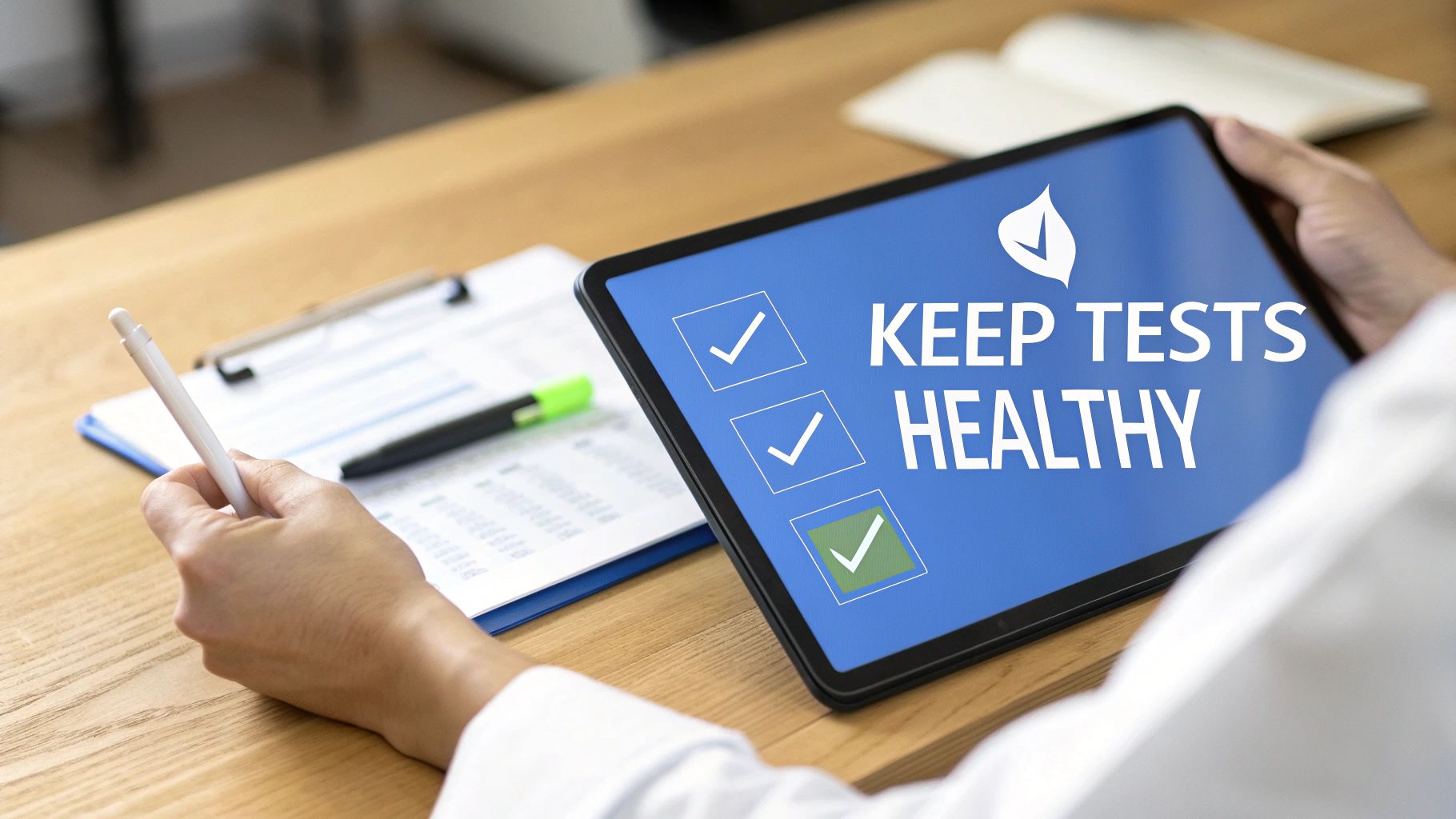 Person in white reviewing a tablet displaying 'KEEP TESTS HEALTHY' with a checklist.