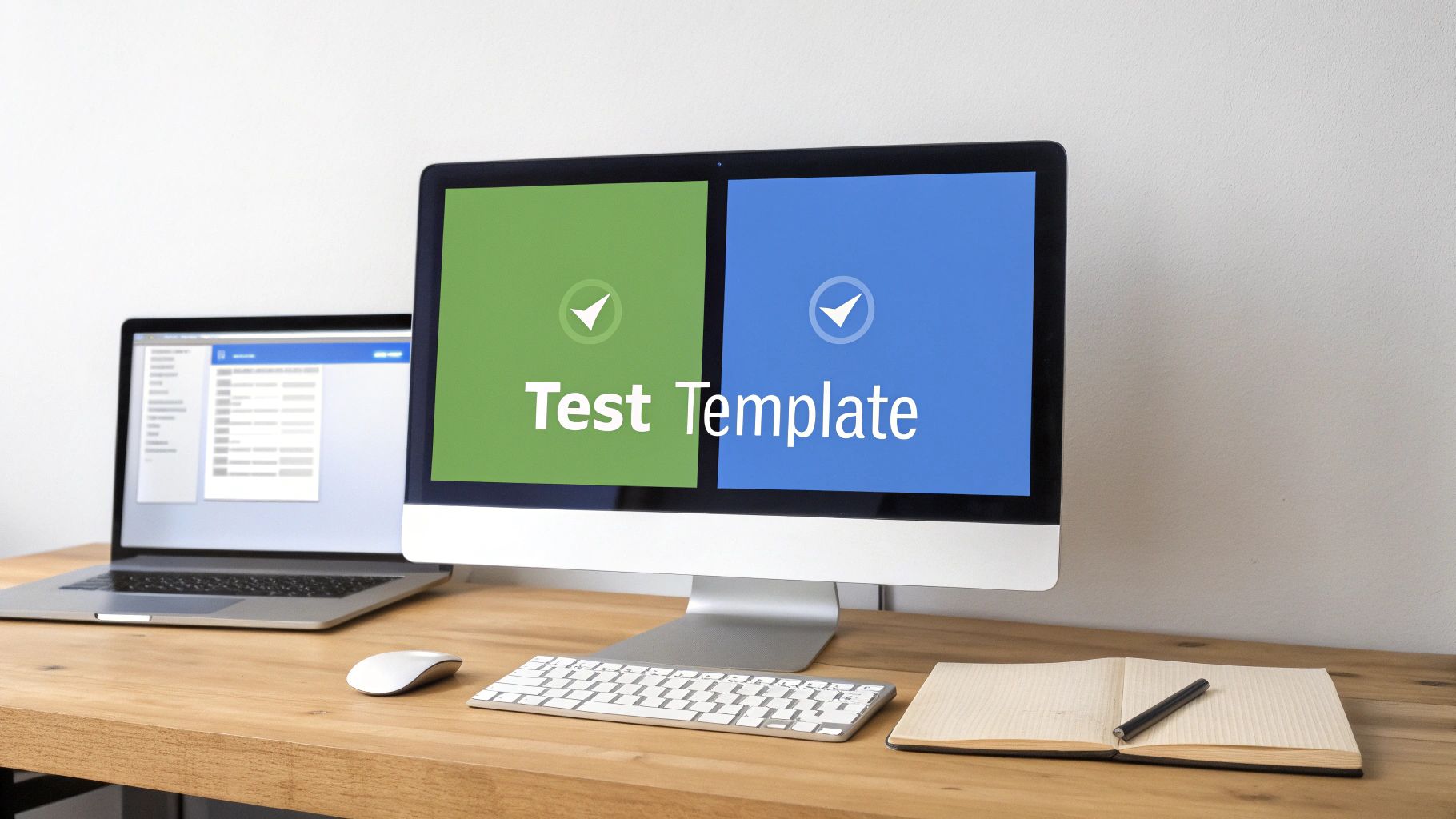 Desktop monitor displaying 'Test Template' with a laptop, mouse, keyboard, and notebook.