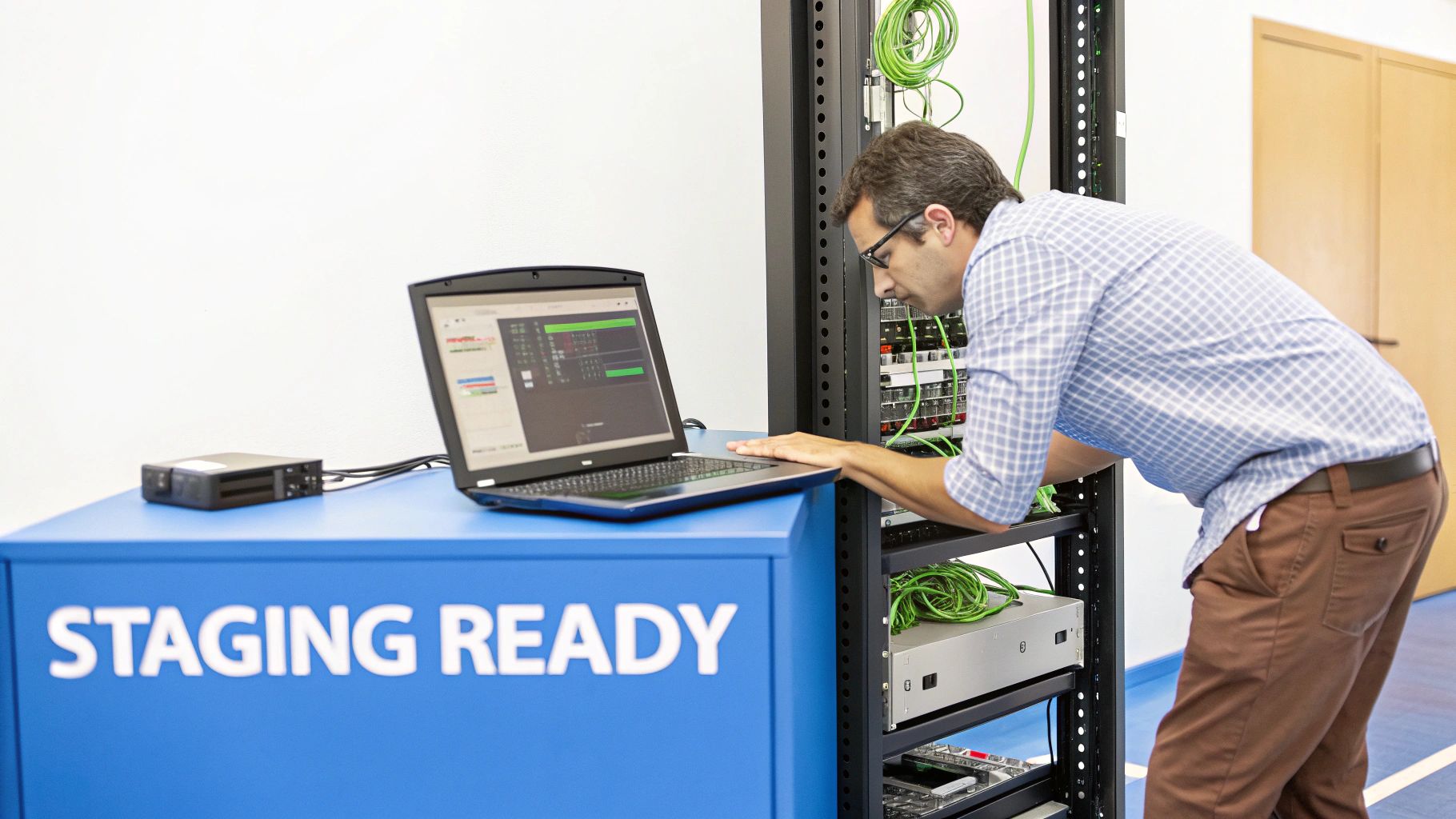 A man in a plaid shirt and glasses works on a server rack, with a laptop on a table.