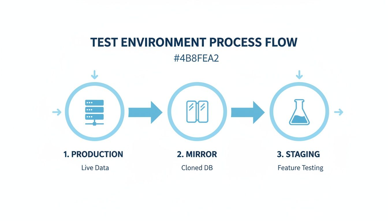Diagram showing the test environment process flow: Production (Live Data), Mirror (Cloned DB), and Staging (Feature Testing).