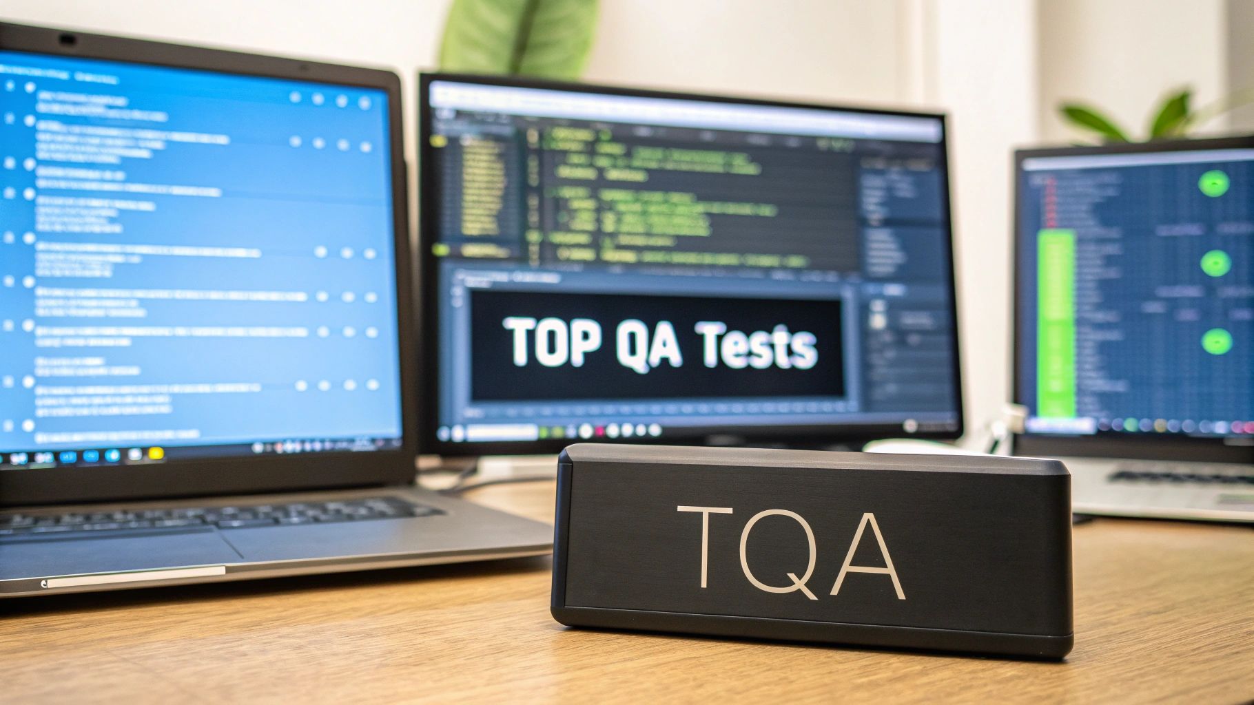 - A sleek digital workspace with blurred monitors displaying code snippets, test logs, performance charts, and a stylized test automation device in the background, featuring âTop QA Testsâ text centered on a solid background block in the golden ratio position