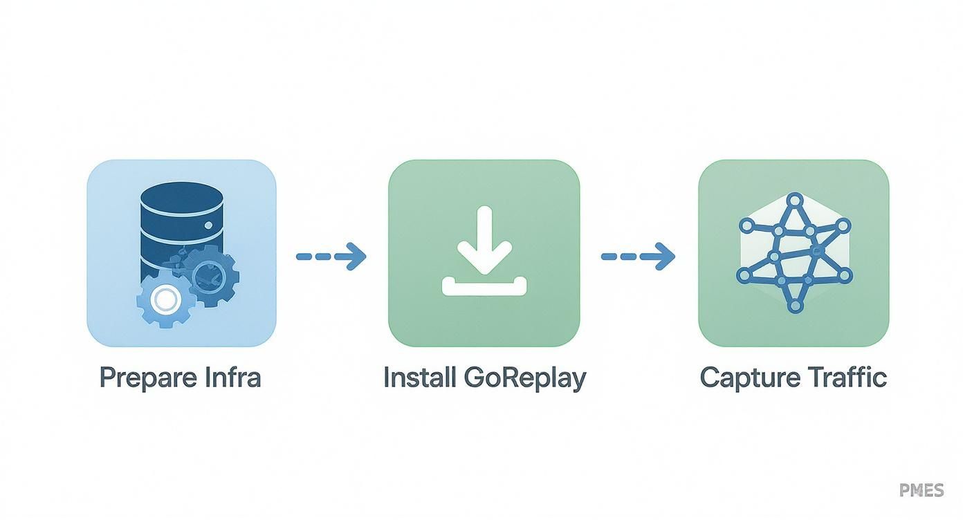 Three-step workflow diagram showing prepare infrastructure, install GoReplay, and capture traffic process
