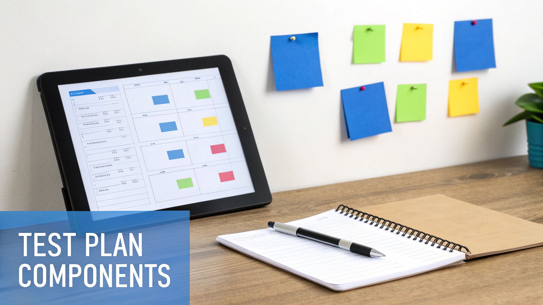A tablet displaying a test plan, a notebook with a pen, and colorful sticky notes on a wall.