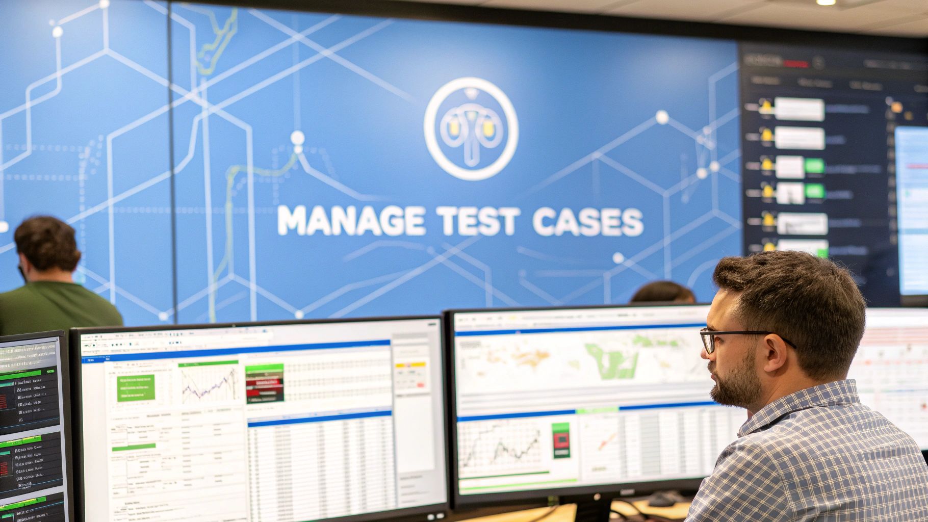 A photo-realistic QA command center with multiple monitors displaying test automation dashboards, code snippets, and production traffic logs in the background, featuring âManage Test Casesâ text sharply rendered on a solid-colored block at the golden ratio position, with blurred checklists and network graphs subtly framing the scene in Brand & Text Realism style