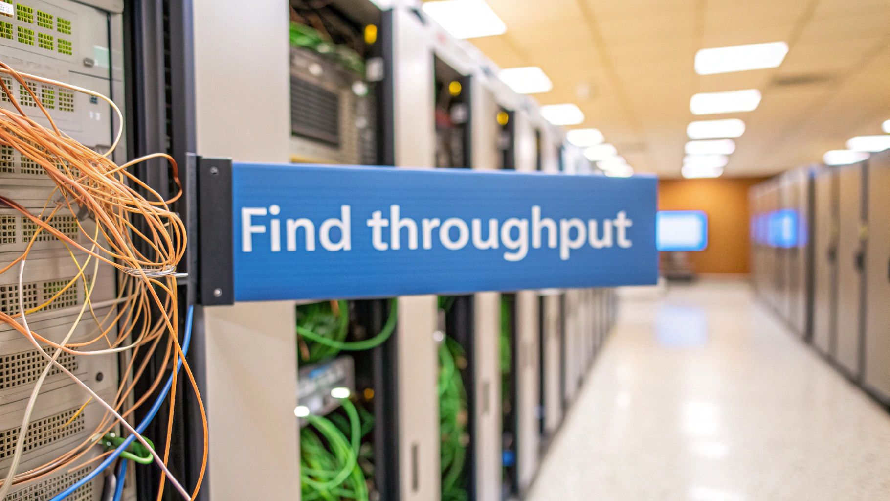 A photo-realistic server room with blurred racks, network cables, and a faint monitoring dashboard glow in the background, featuring 'Find Throughput' text prominently displayed on a solid background block in the golden ratio position, with the environment subdued to keep the sharp, high-contrast text as the focal point