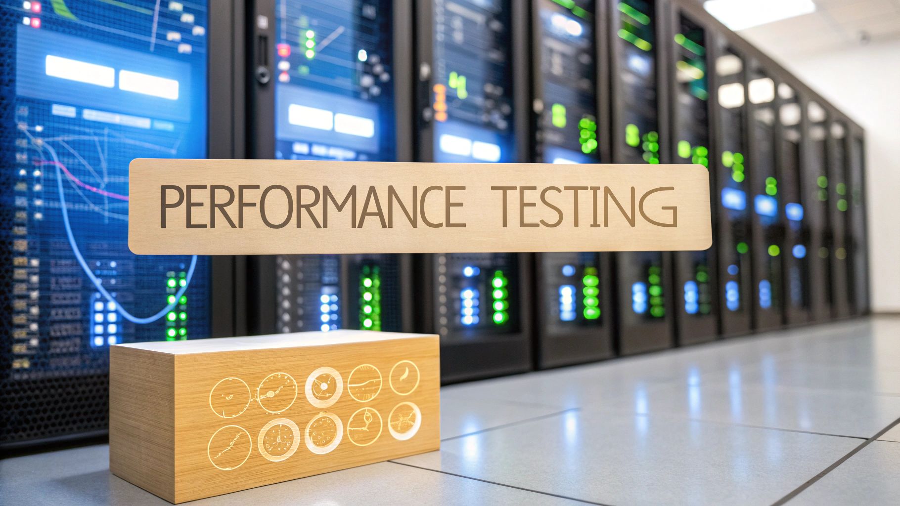 Photo-realistic server room environment with out-of-focus racks and glowing LEDs, a solid background block positioned in the golden ratio carrying the sharp, high-contrast text “Performance Testing”, supported by subtle speedometer and data graph motifs in the periphery in Brand & Text Realism style