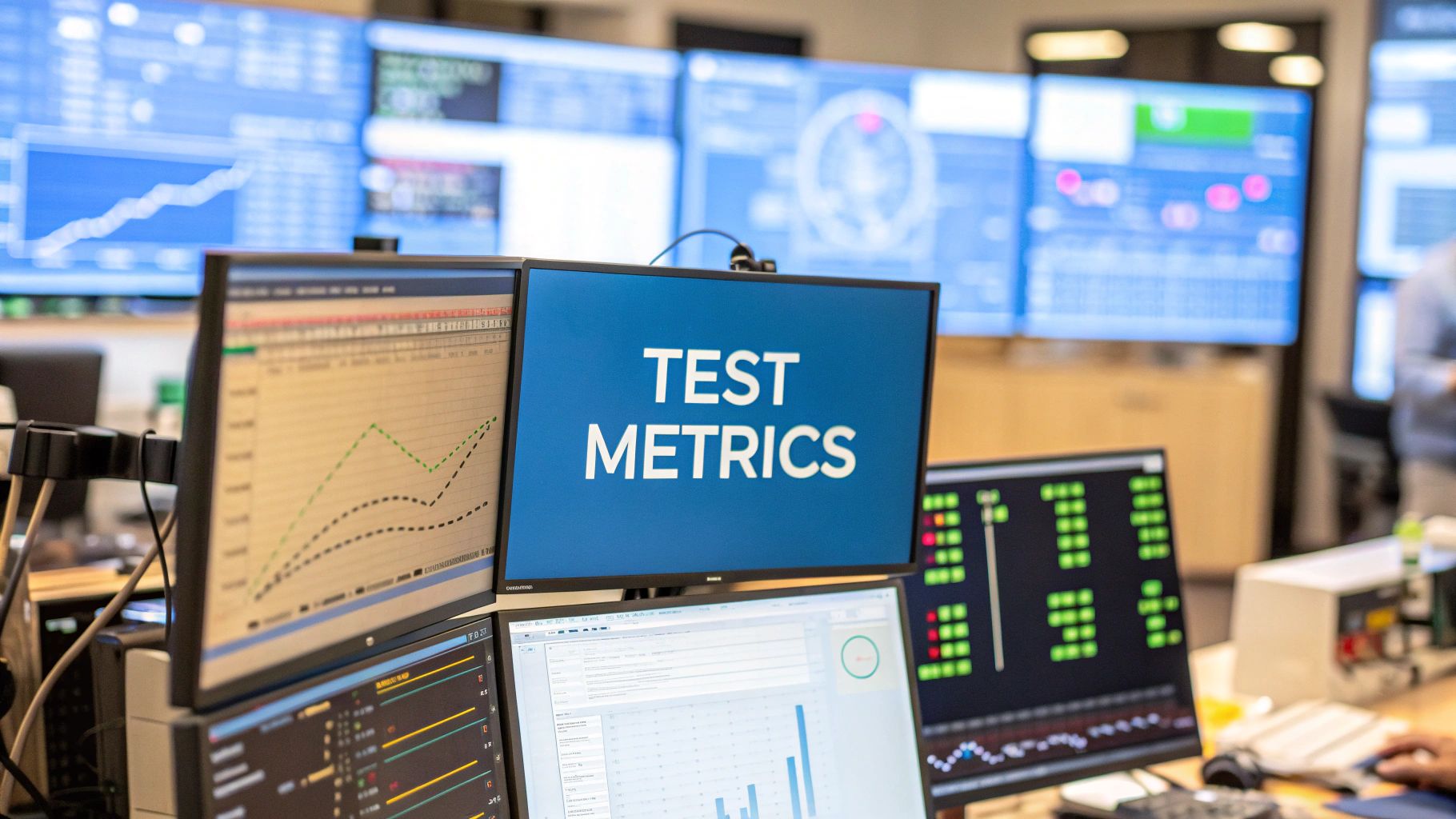 - A photo-realistic software control room with gently blurred performance graphs, dashboard widgets and code snippets in the background, featuring "Test Metrics" text prominently displayed on a solid background block at the golden ratio position