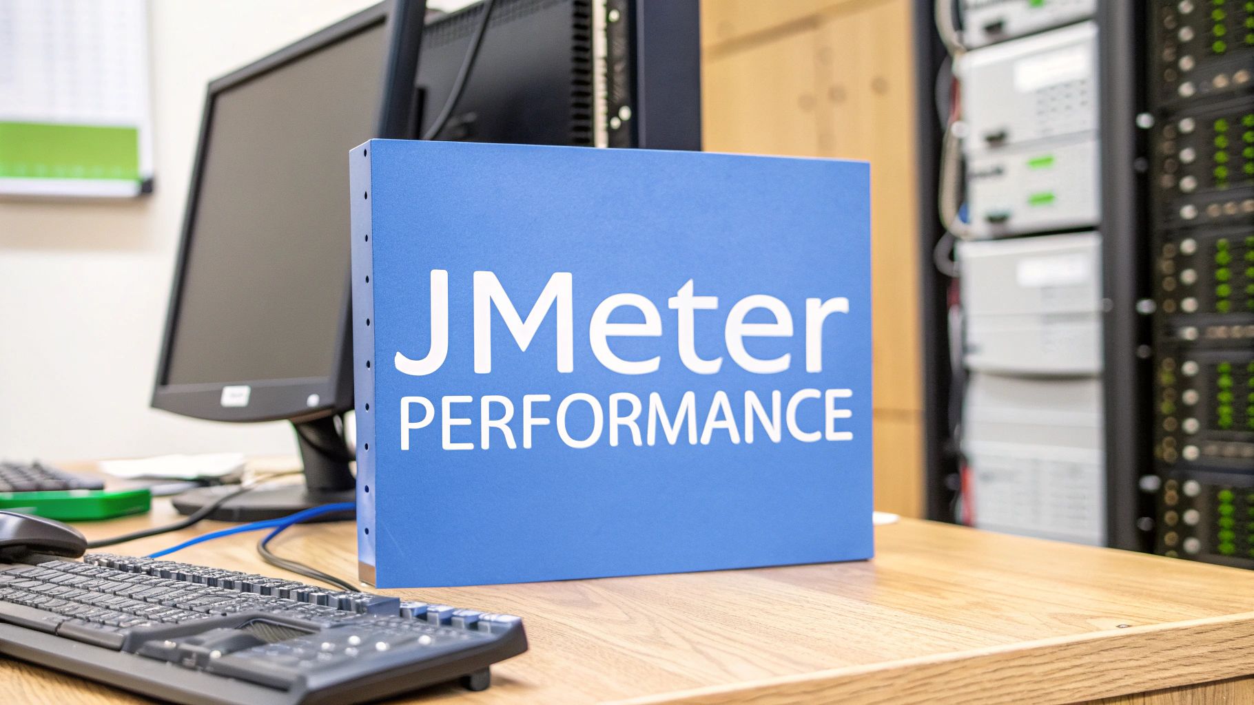 - A photo-realistic developer workstation with server equipment softly blurred in the background, featuring 'JMeter Performance' text prominently displayed on a solid background block in the golden ratio position