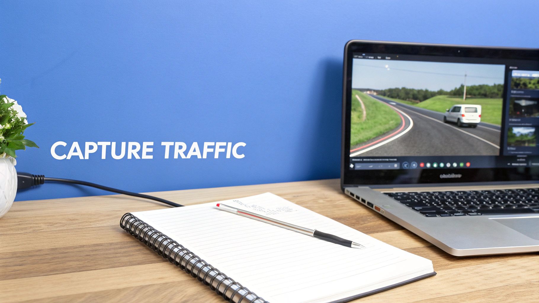 A laptop showing a road scene, notebook, and pen on a wooden desk, with 'CAPTURE TRAFFIC' on a blue wall.