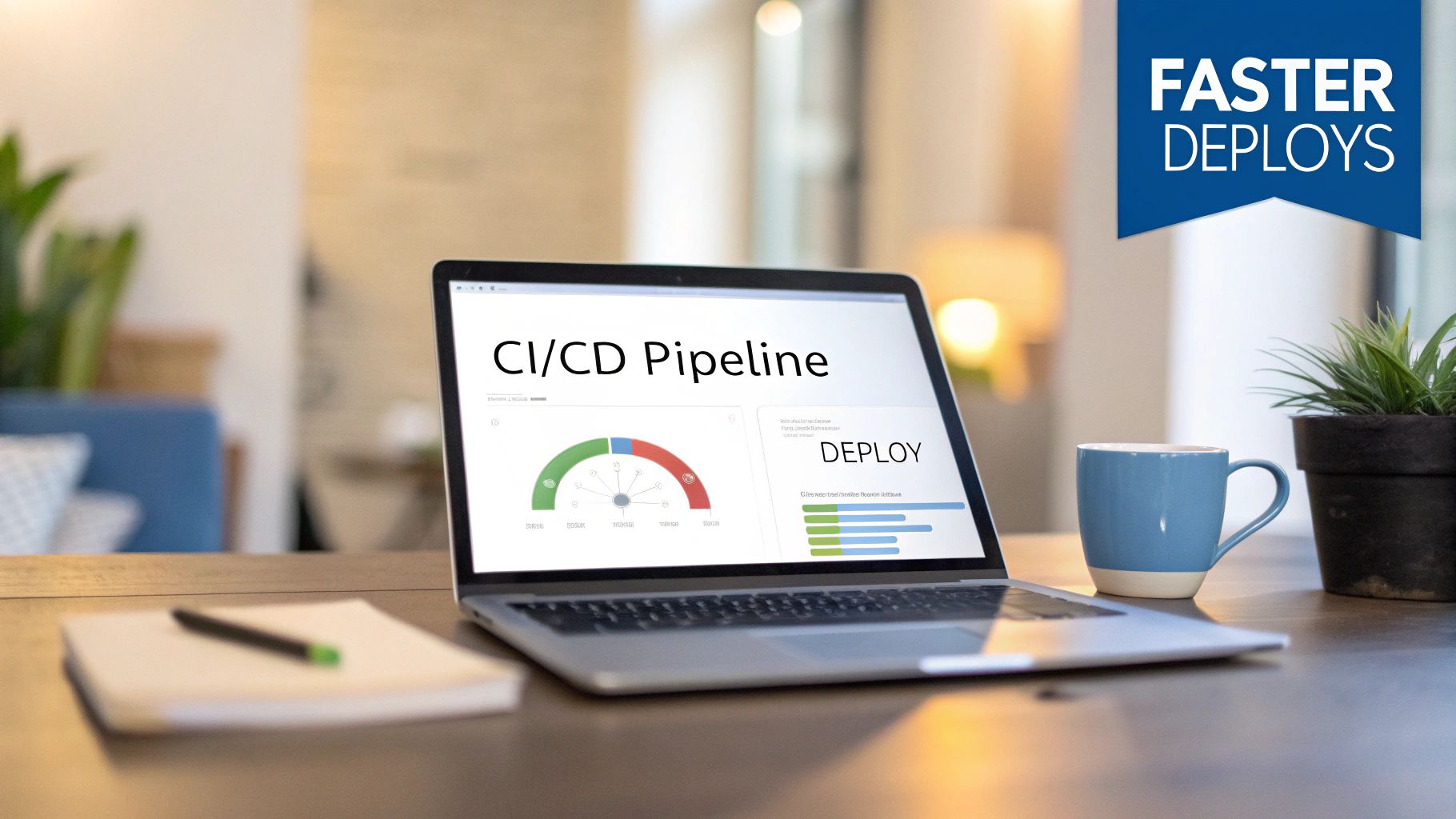 A laptop shows a CI/CD pipeline dashboard with graphs, promoting faster deploys, next to a coffee cup.
