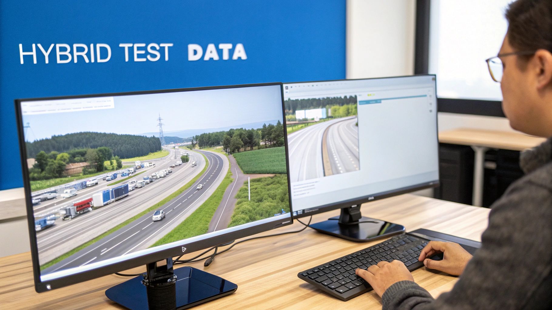 A person uses a computer with two monitors displaying a highway traffic simulation.