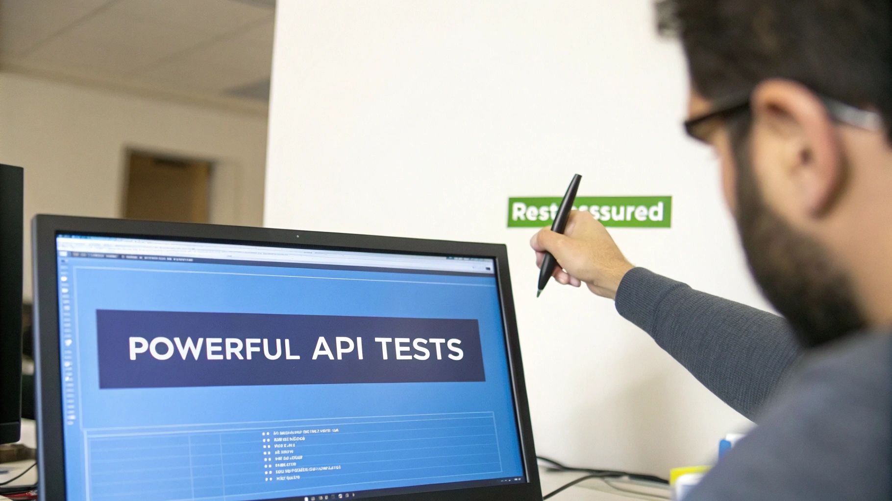 A person points to a 'Rest assured' sign on a wall, with a monitor displaying 'POWERFUL API TESTS'.
