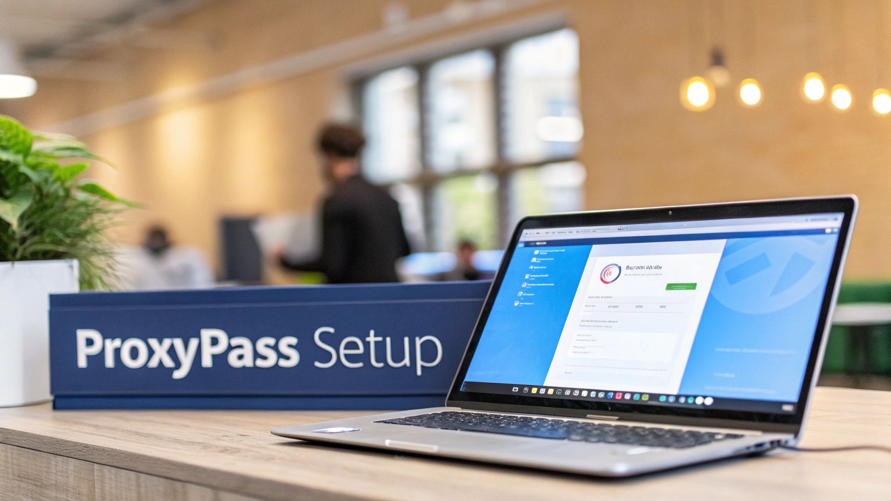 A laptop on a wooden desk displaying 'ProxyPass Setup' software, with a 'ProxyPass Setup' sign in an office.