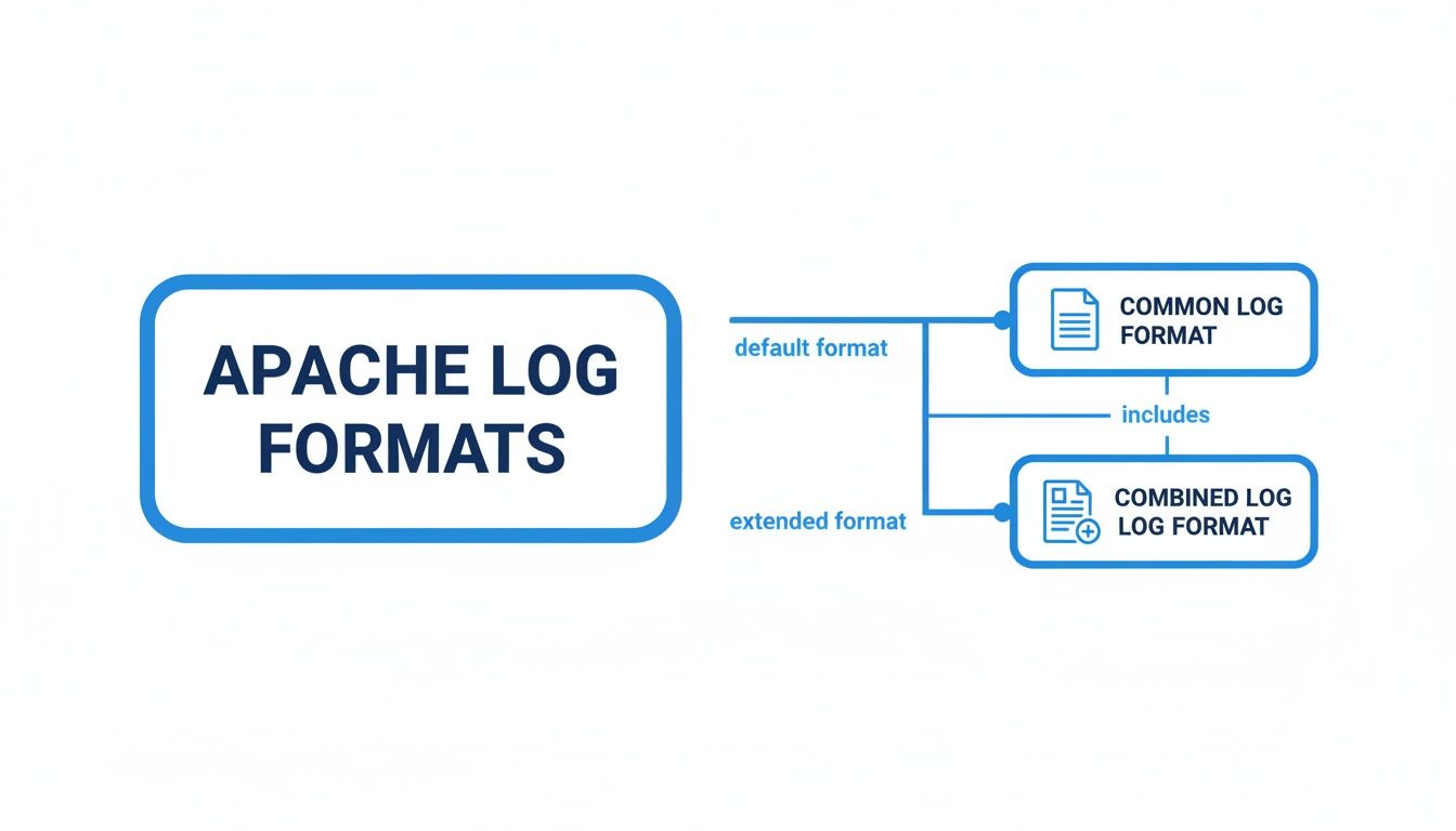Flowchart illustrating Apache log formats: Common Log Format (default) and Combined Log Format (extended).