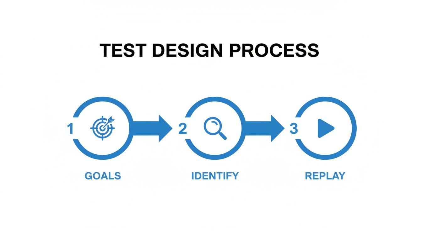 A blue icon-based diagram illustrates a three-step test design process: Goals, Identify, Replay.