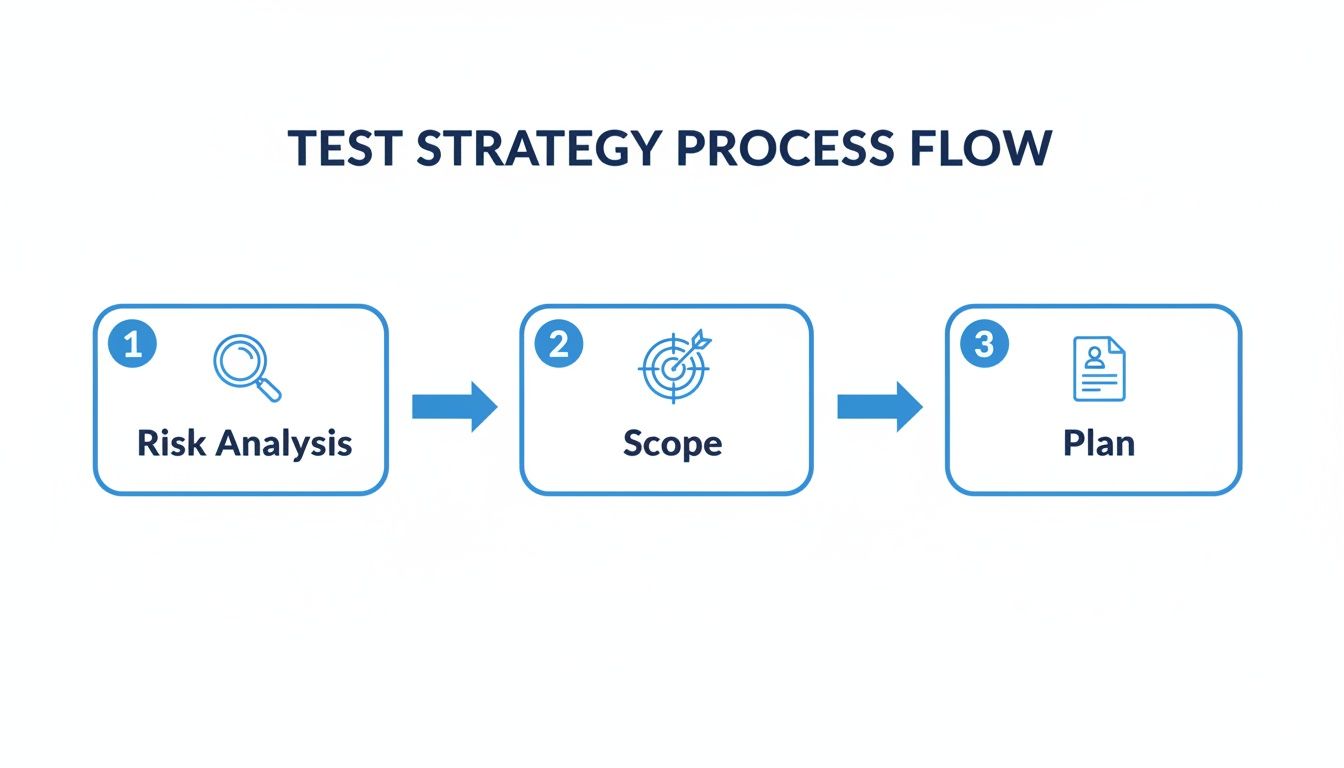 A three-step flowchart illustrating the test strategy process flow: Risk Analysis, Scope, and Plan.